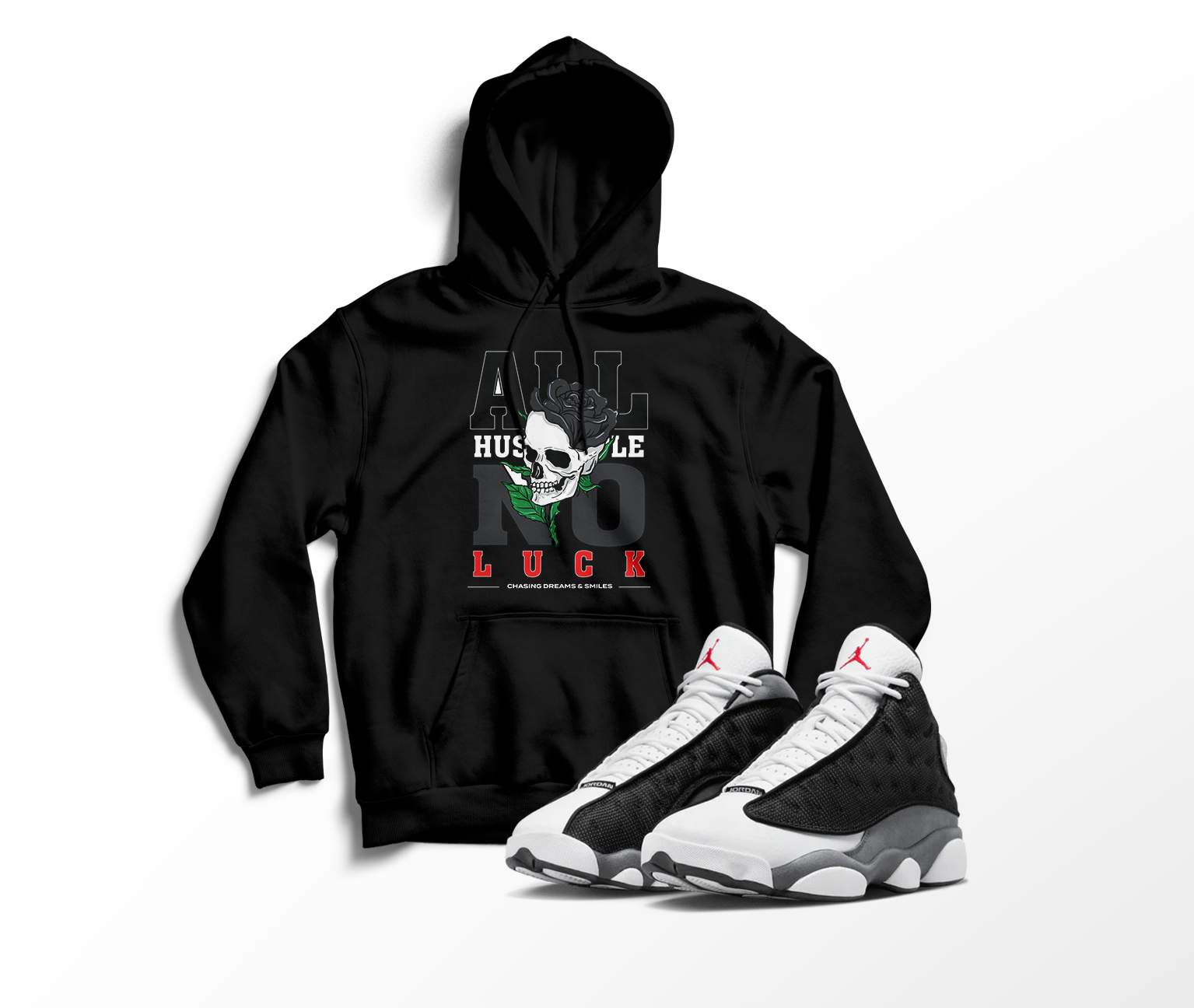 'All Hustle No Luck' Custom Graphic Hoodie To Match Air Jordan 13 Black Flint