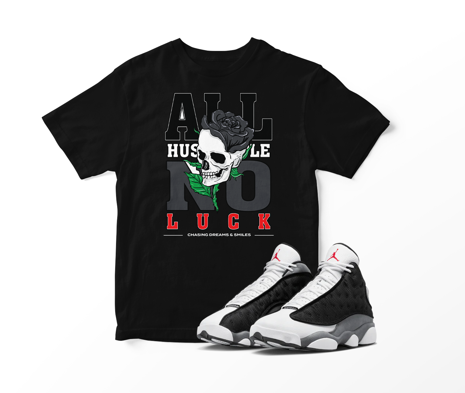 'All Hustle No Luck' Custom Graphic Short Sleeve T-Shirt To Match Air Jordan 13 Black Flint