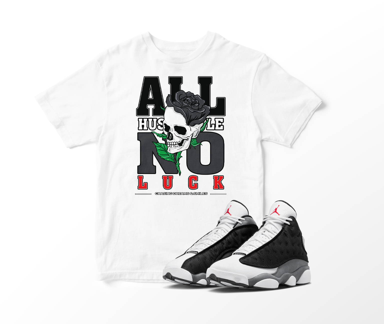 'All Hustle No Luck' Custom Graphic Short Sleeve T-Shirt To Match Air Jordan 13 Black Flint