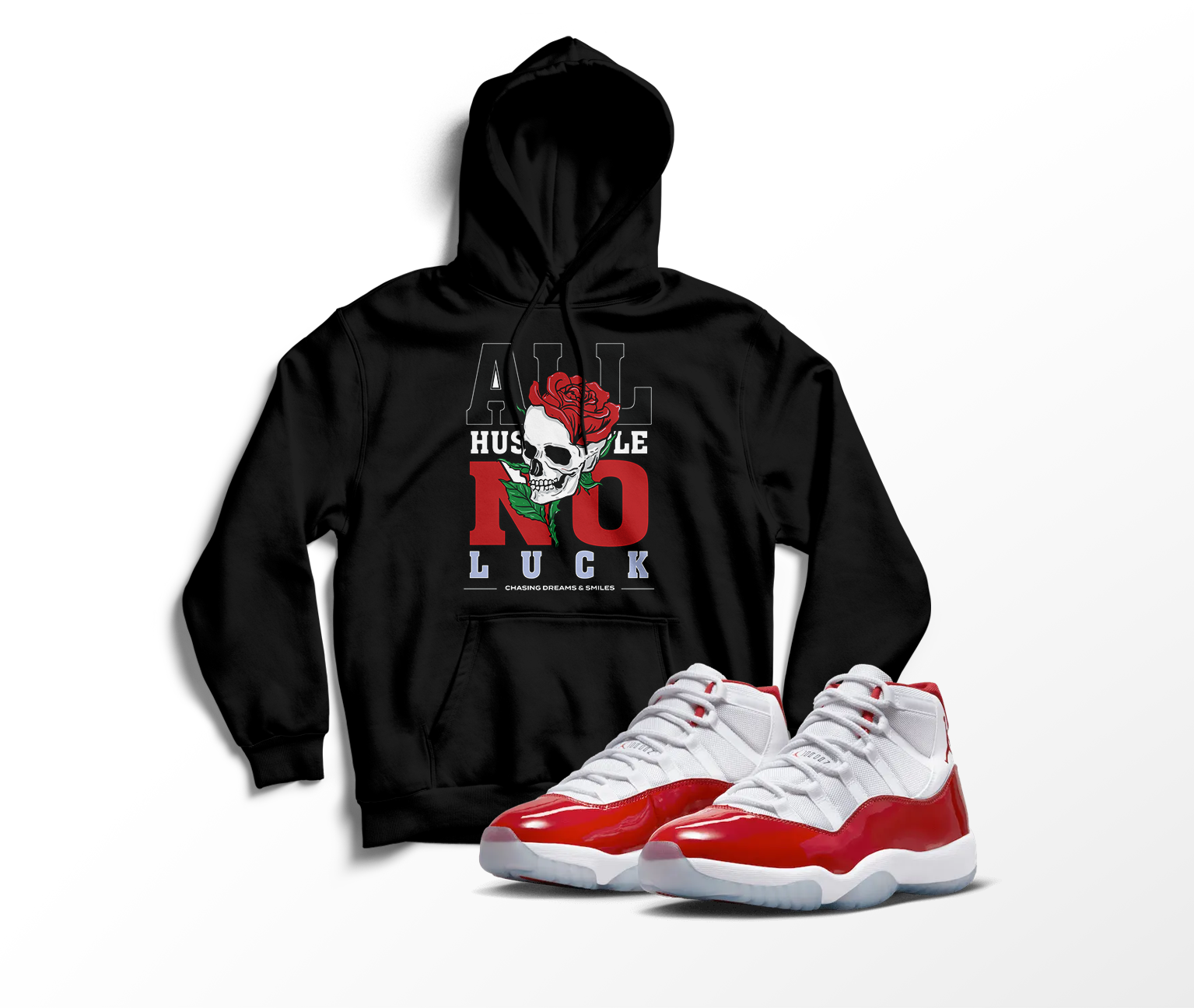 'All Hustle No Luck' Custom Graphic Hoodie To Match Air Jordan 11 Cherry Red