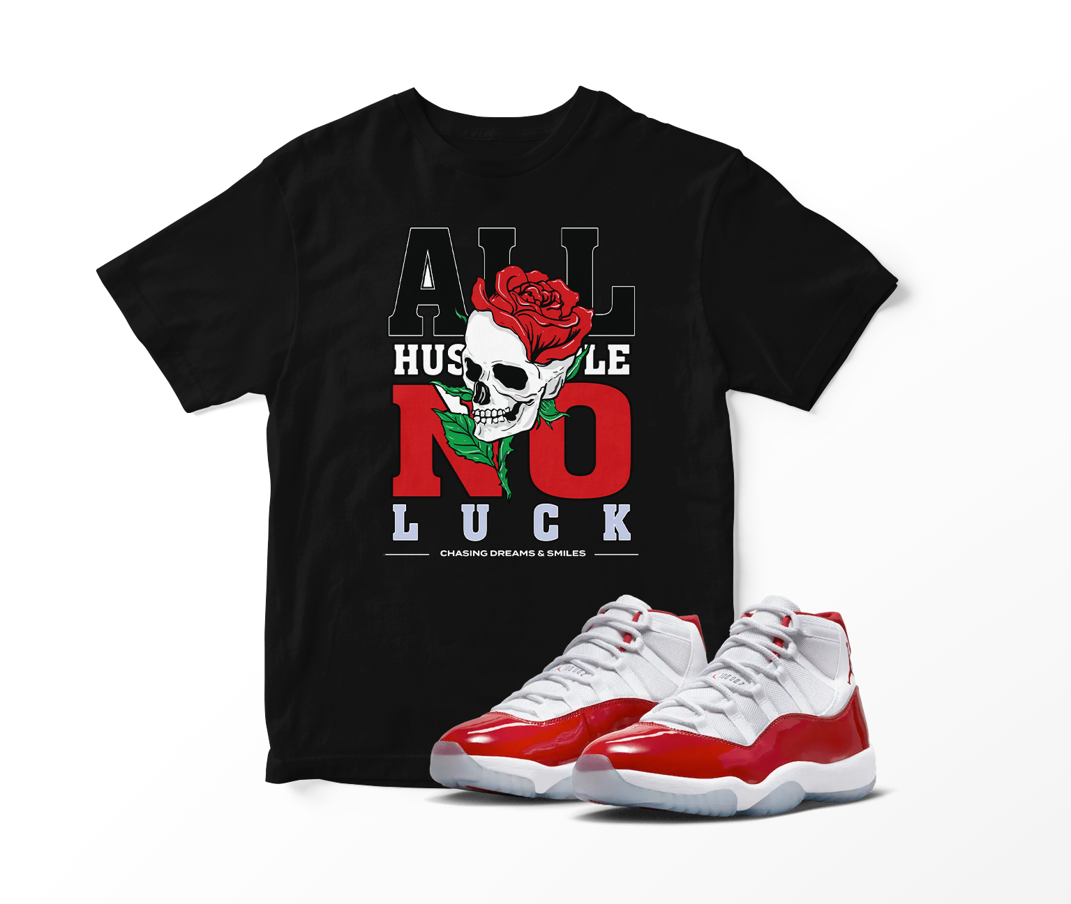 'All Hustle No Luck' Custom Graphic Short Sleeve T-Shirt To Match Air Jordan 11 Cherry Red