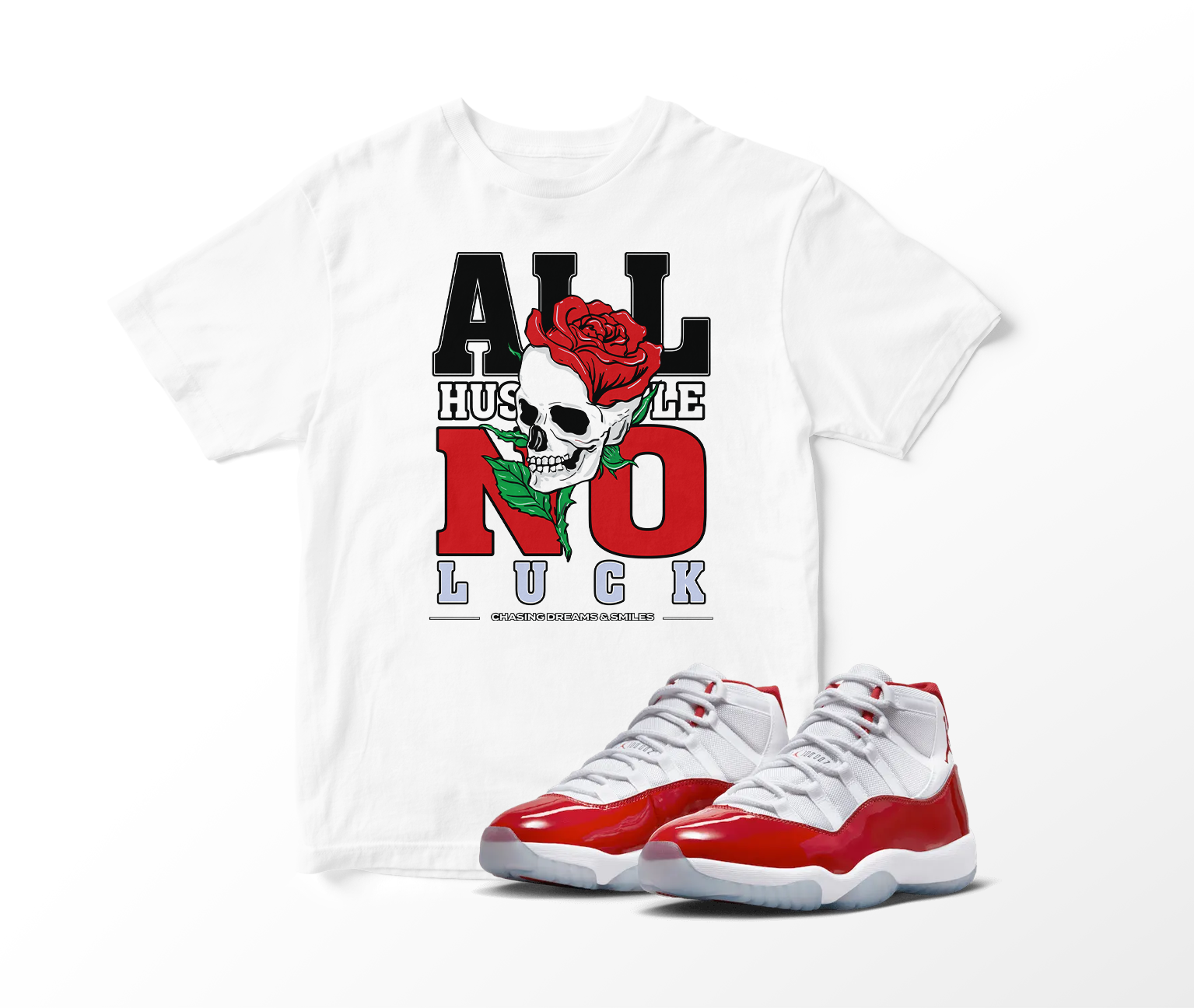 'All Hustle No Luck' Custom Graphic Short Sleeve T-Shirt To Match Air Jordan 11 Cherry Red