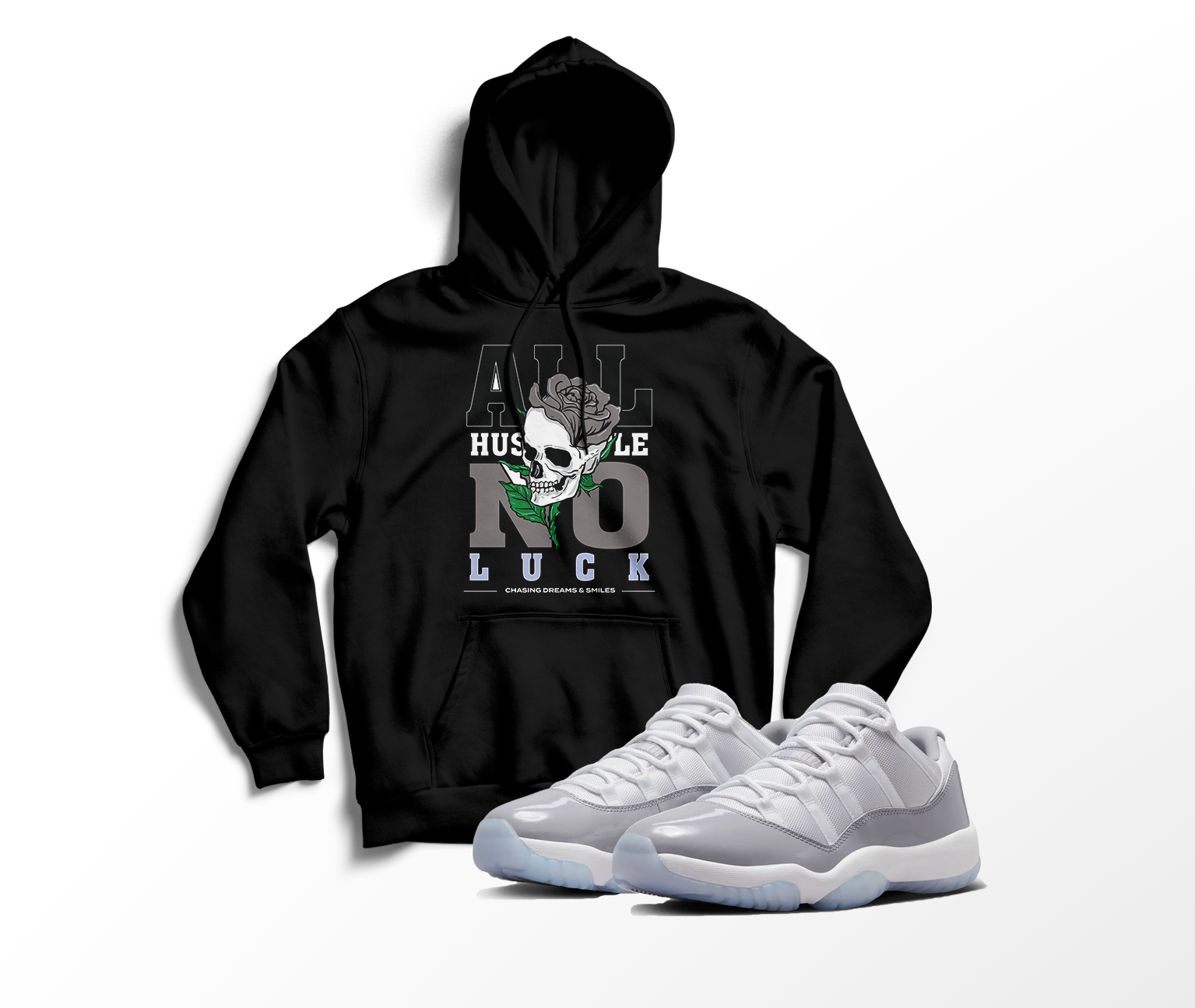 'All Hustle No Luck' Custom Graphic Hoodie To Match Air Jordan 11 Low Cool Grey