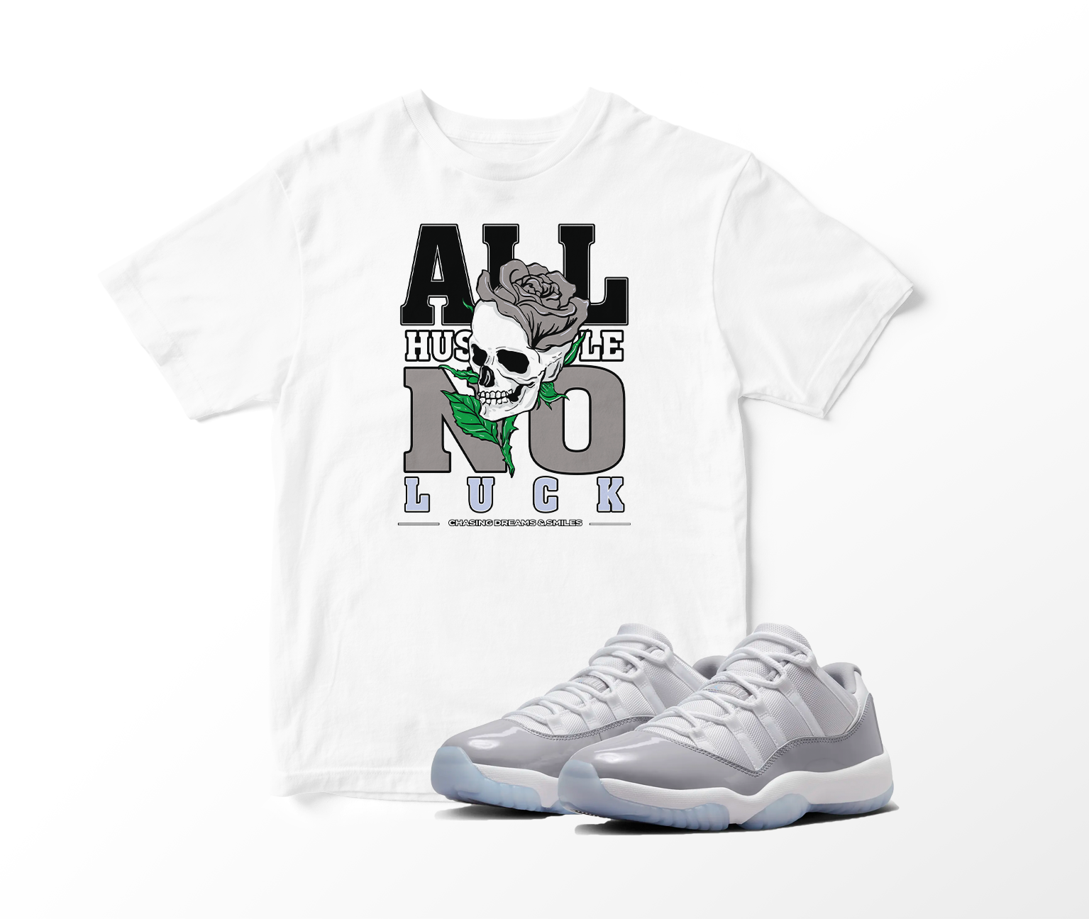 'All Hustle No Luck' Custom Graphic Short Sleeve T-Shirt To Match Air Jordan 11 Low Cool Grey