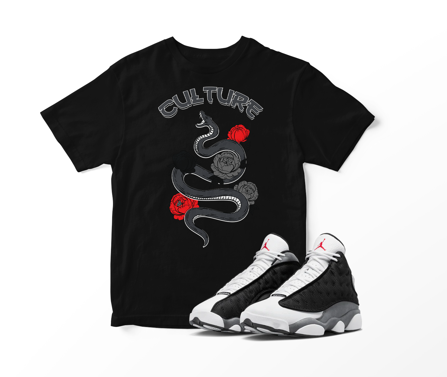 'Culture Snake' Custom Graphic Short Sleeve T-Shirt To Match Air Jordan 13 Black Flint