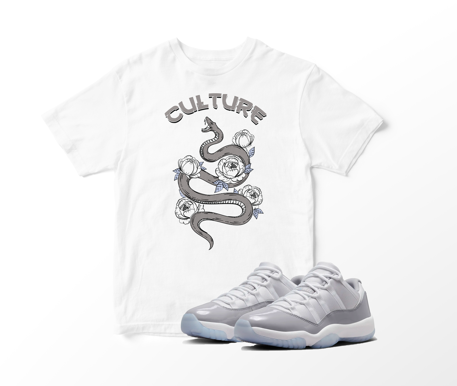 'Culture Snake' Custom Graphic Short Sleeve T-Shirt To Match Air Jordan 11 Low Cool Grey