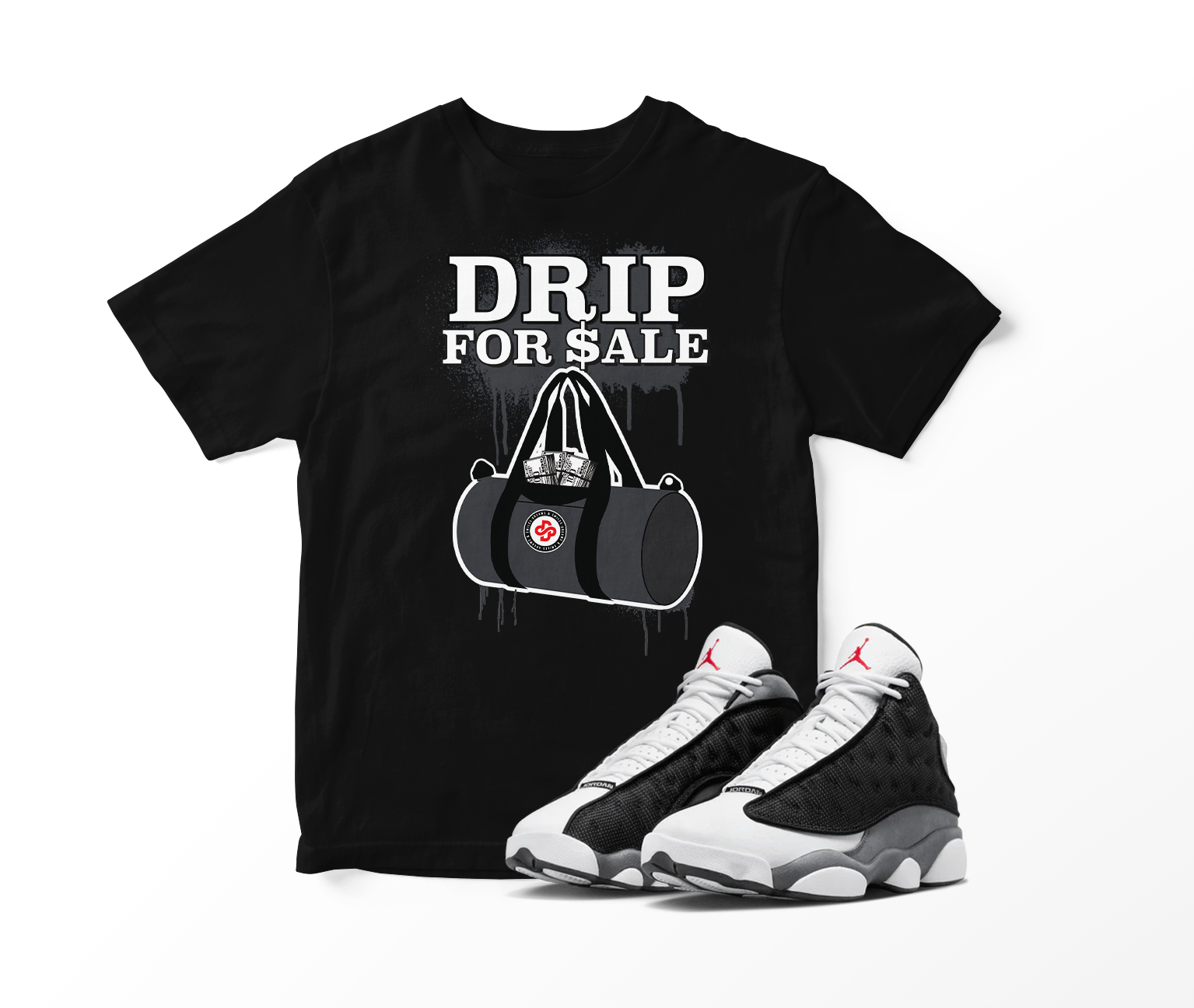'Drip For Sale' Custom Graphic Short Sleeve T-Shirt To Match Air Jordan 13 Black Flint