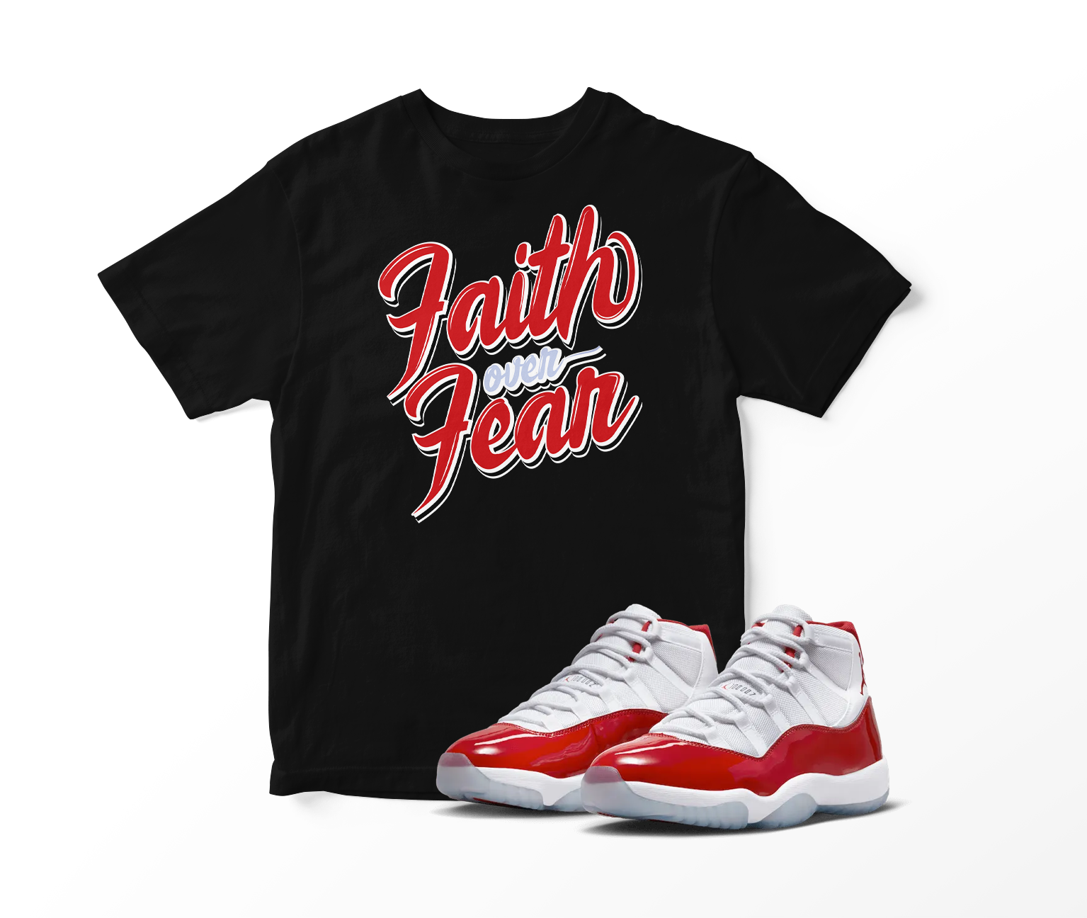 'Faith Over Fear' Custom Graphic Short Sleeve T-Shirt To Match Air Jordan 11 Cherry Red