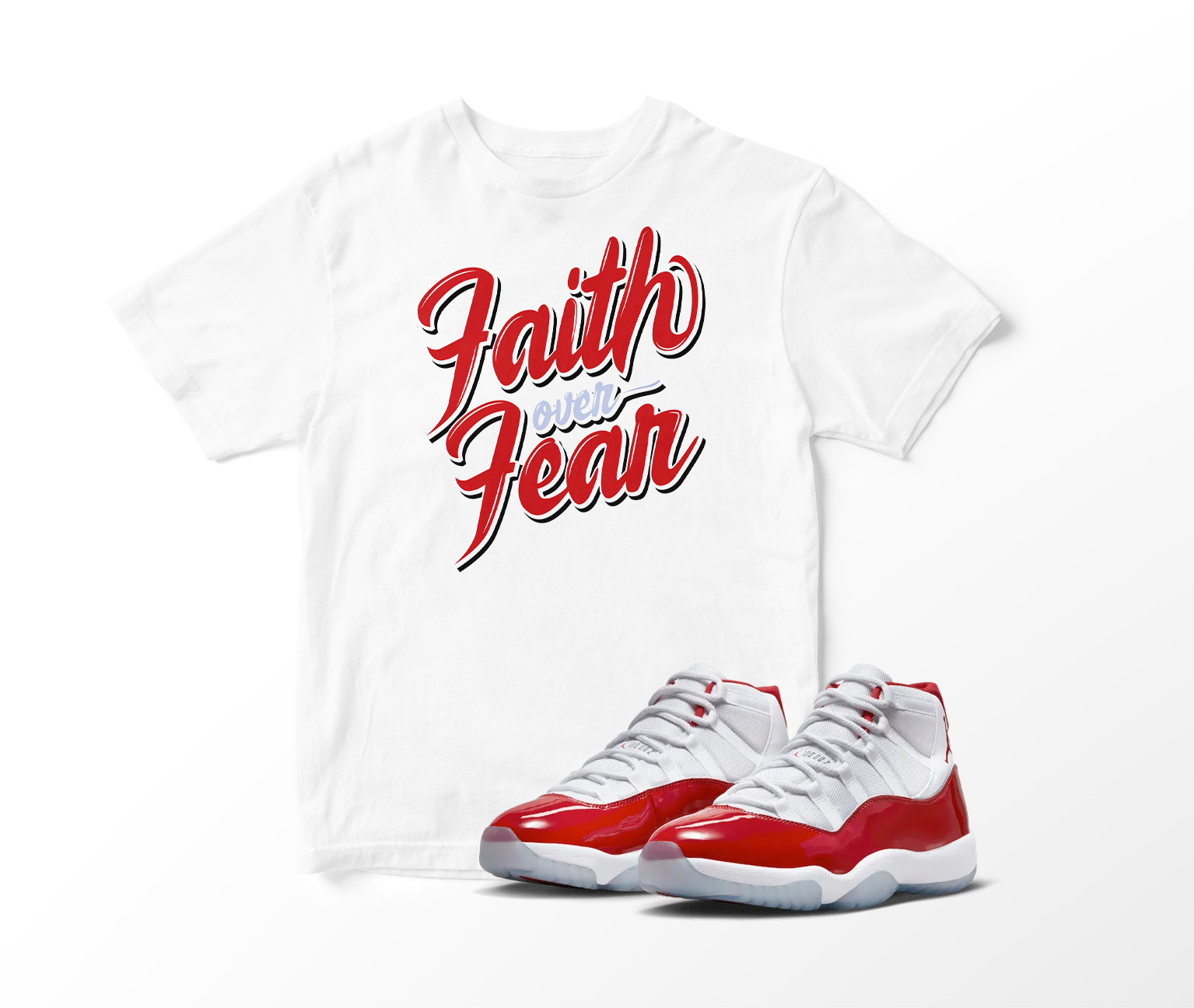 'Faith Over Fear' Custom Graphic Short Sleeve T-Shirt To Match Air Jordan 11 Cherry Red