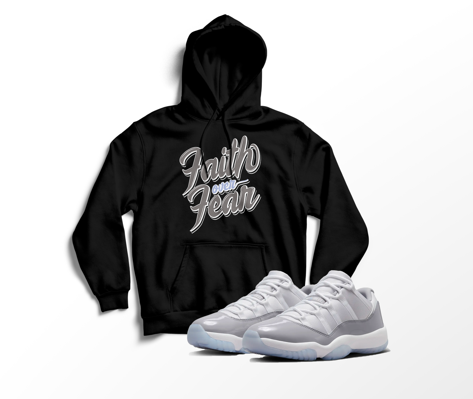 'Faith Over Fear' Custom Graphic Hoodie To Match Air Jordan 11 Low Cool Grey