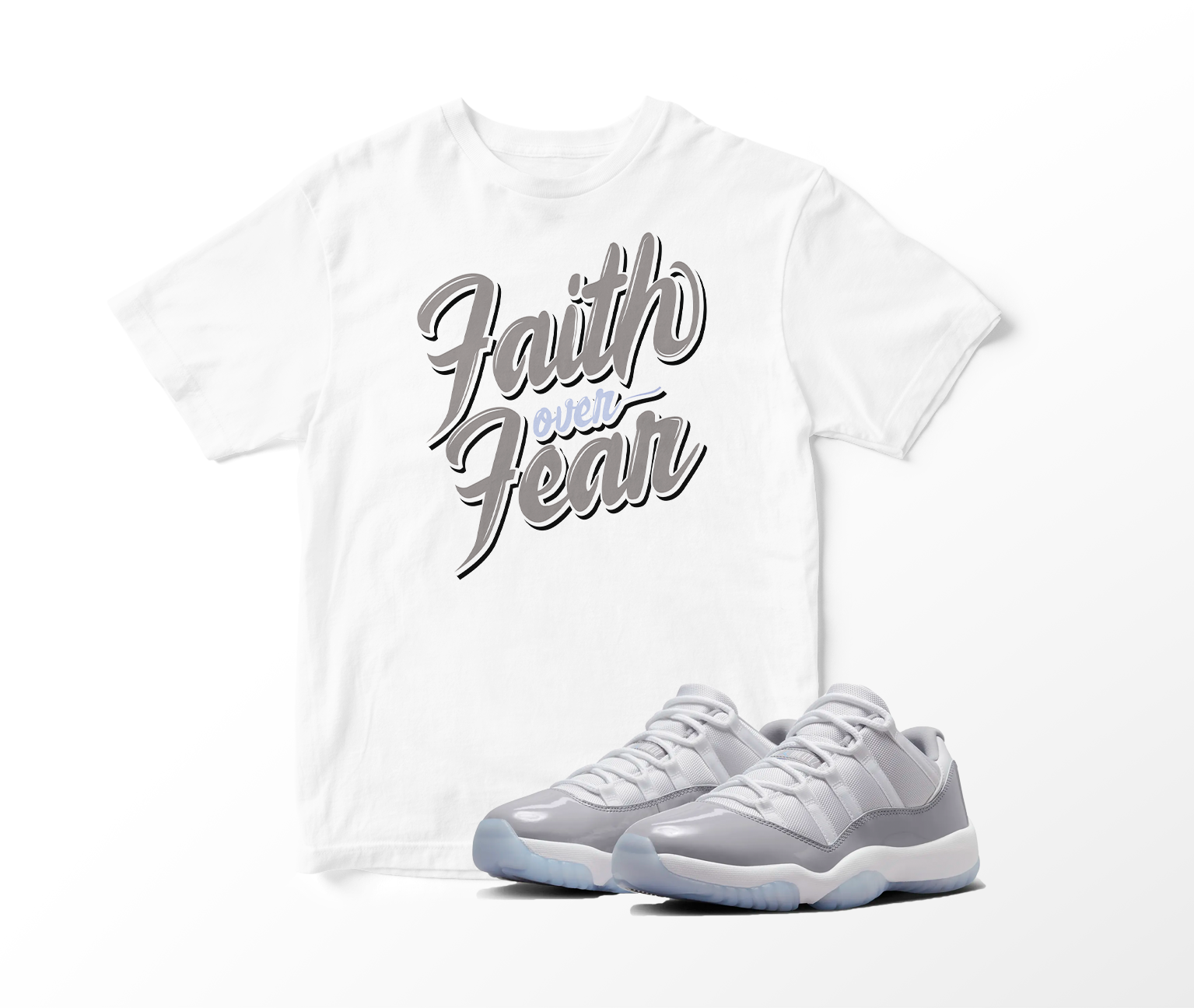 'Faith Over Fear' Custom Graphic Short Sleeve T-Shirt To Match Air Jordan 11 Low Cool Grey
