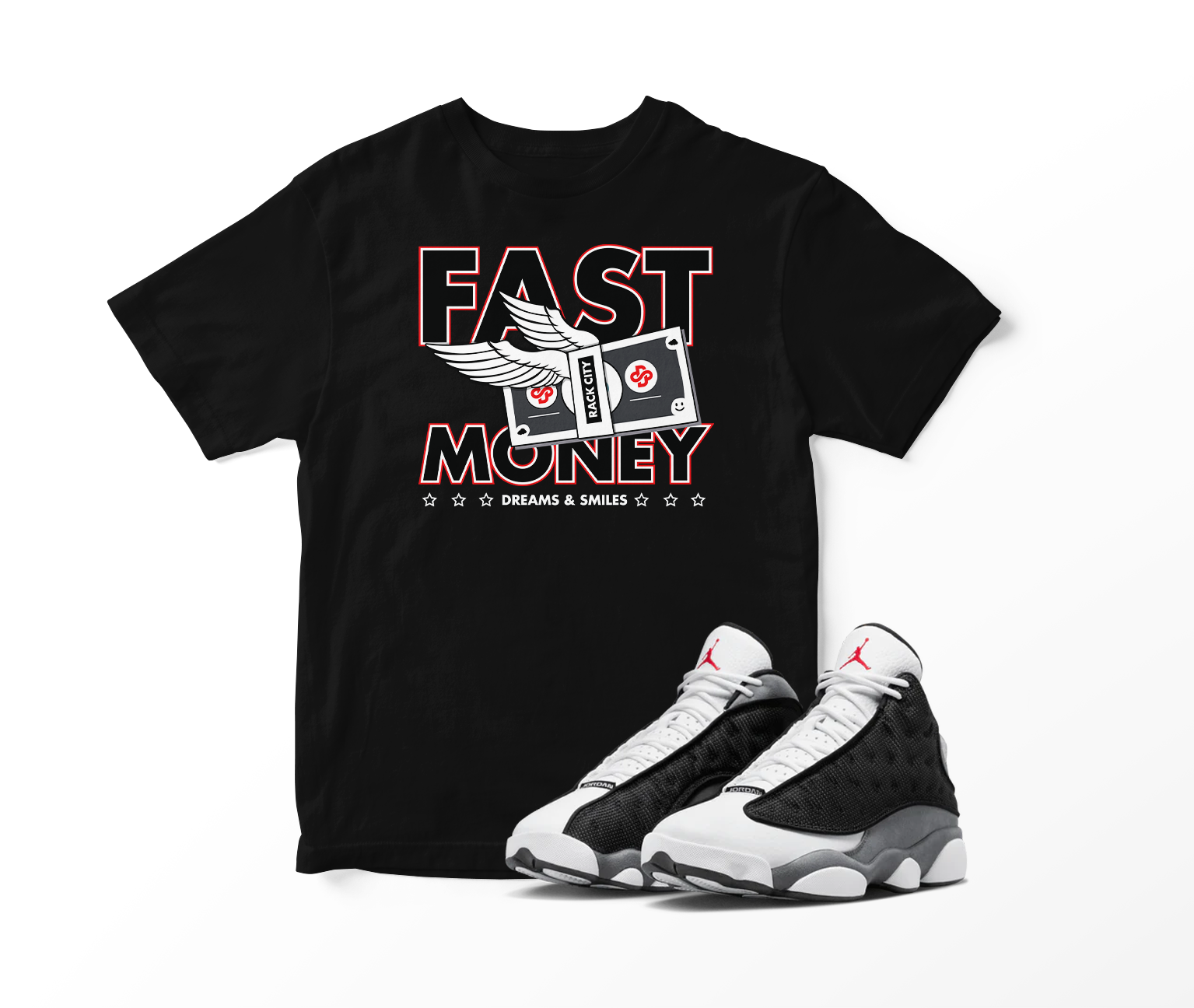 'Fast Money' Custom Graphic Short Sleeve T-Shirt To Match Air Jordan 13 Black Flint