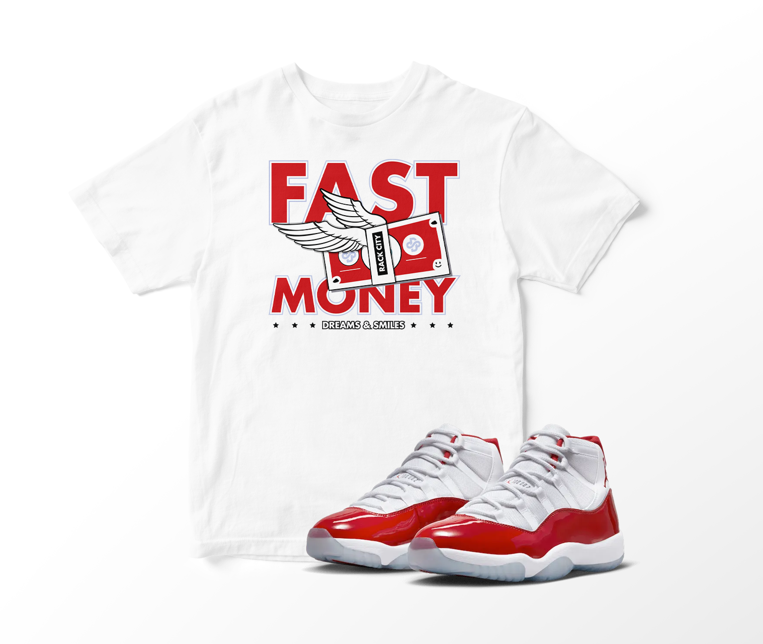 'Fast Money' Custom Graphic Short Sleeve T-Shirt To Match Air Jordan 11 Cherry Red