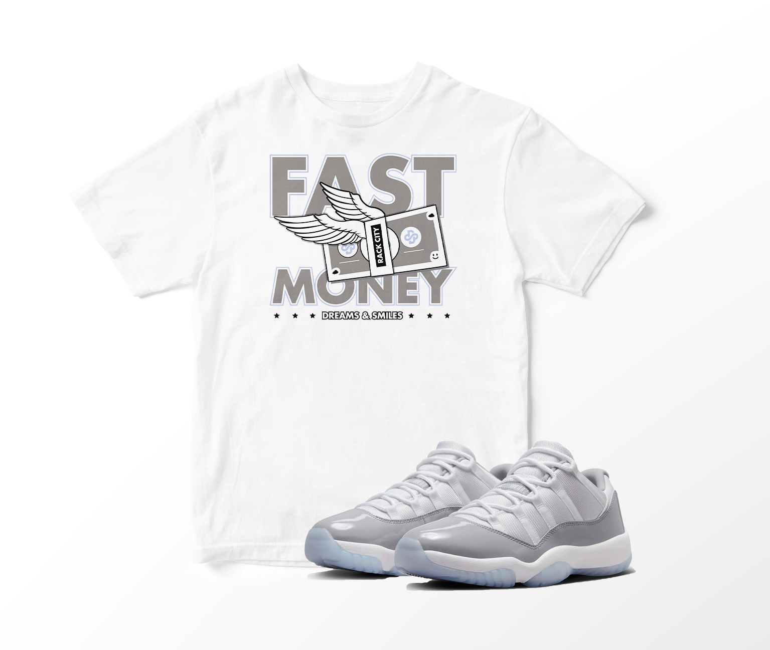 'Fast Money' Custom Graphic Short Sleeve T-Shirt To Match Air Jordan 11 Low Cool Grey