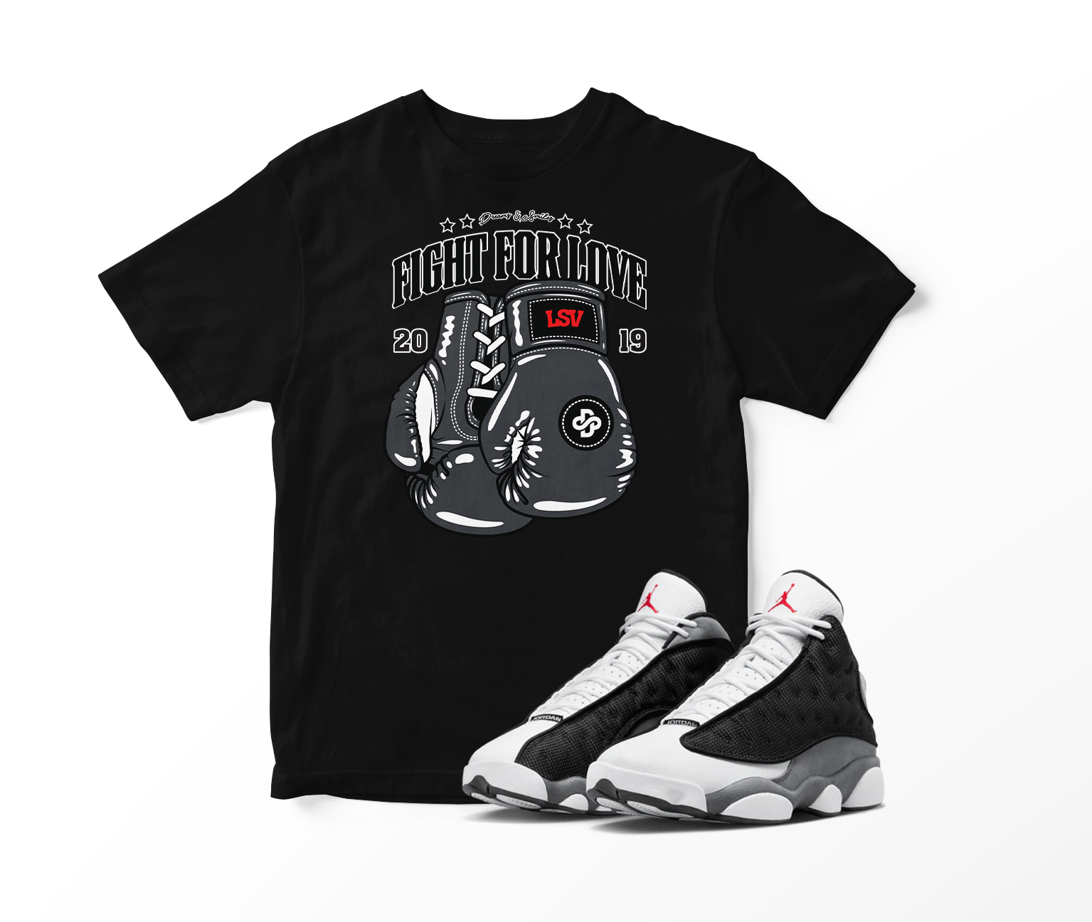 ‘Fight For Love’ Custom Graphic Short Sleeve T-Shirt To Match Air Jordan 13 Black Flint