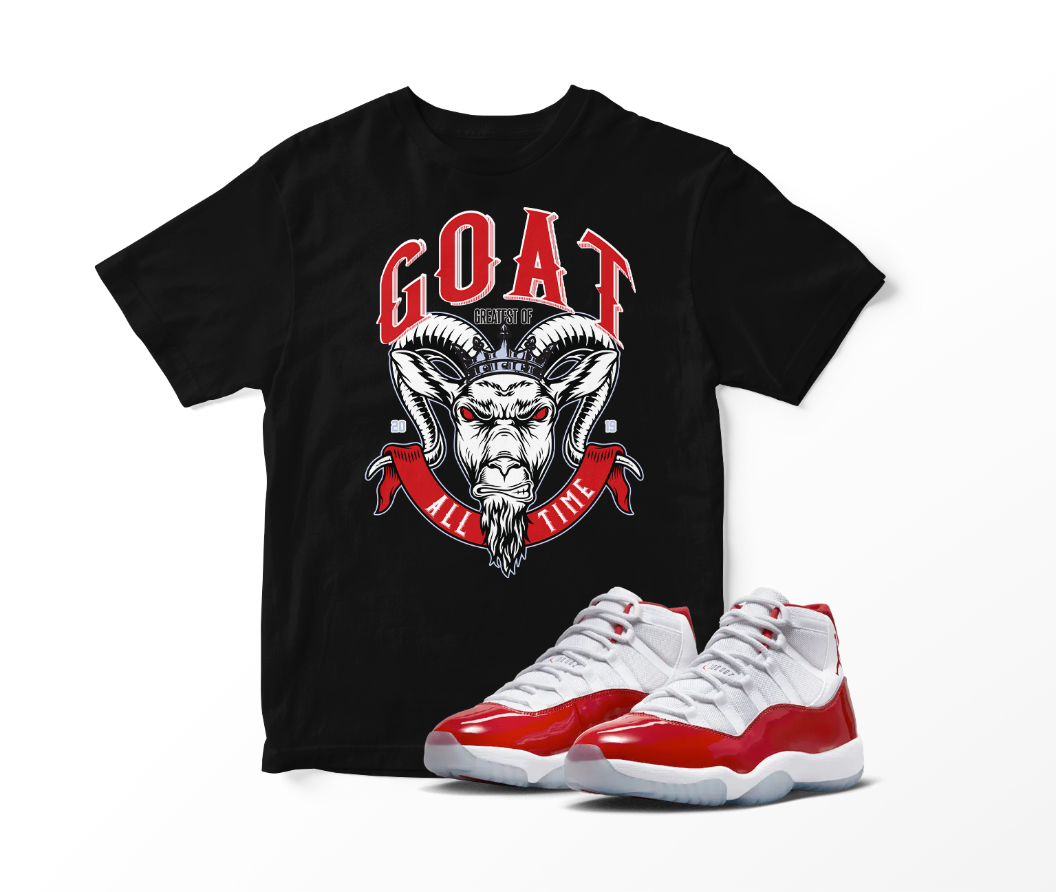'GOAT' Custom Graphic Short Sleeve T-Shirt To Match Air Jordan 11 Cherry Red