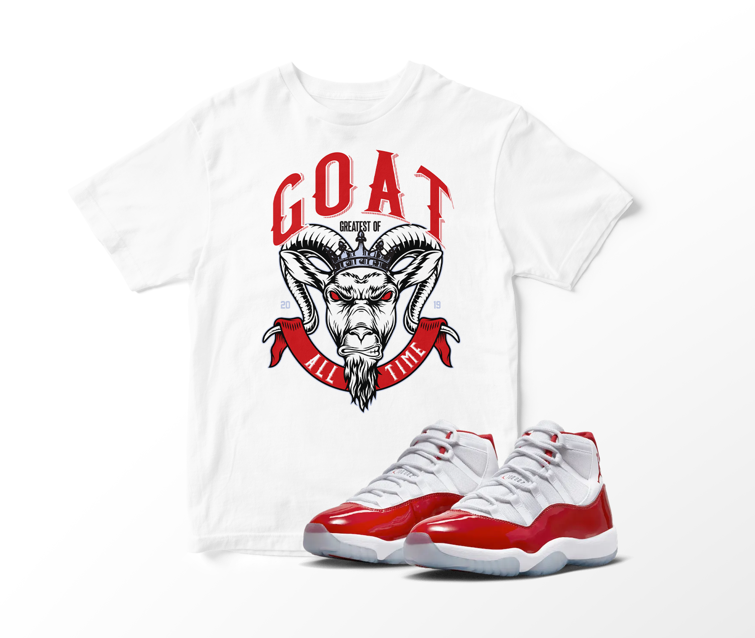 'GOAT' Custom Graphic Short Sleeve T-Shirt To Match Air Jordan 11 Cherry Red