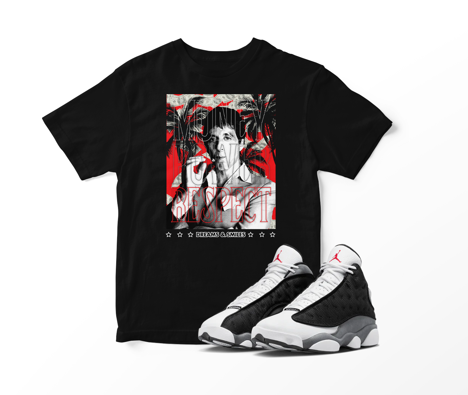 'Money, Power, Respect' Custom Graphic Short Sleeve T-Shirt To Match Air Jordan 13 Black Flint