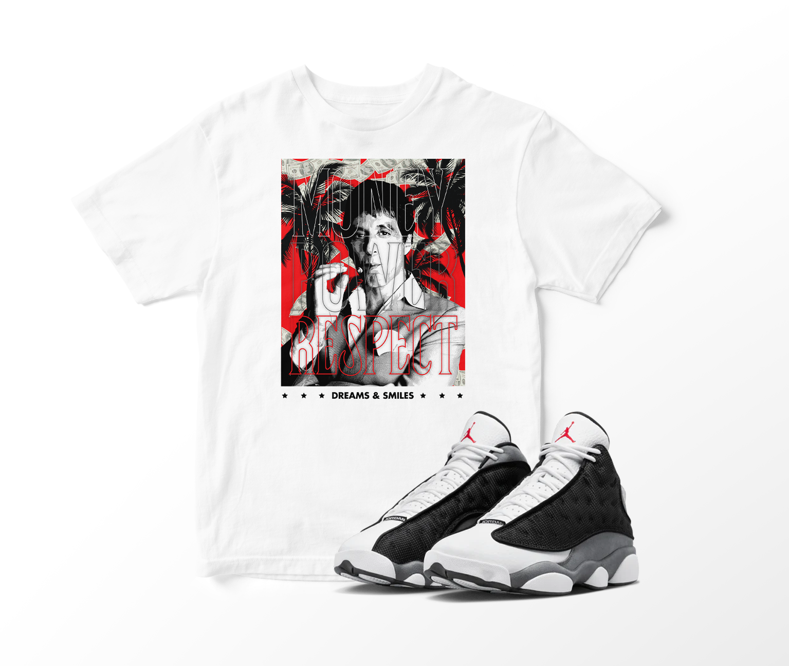 'Money, Power, Respect' Custom Graphic Short Sleeve T-Shirt To Match Air Jordan 13 Black Flint