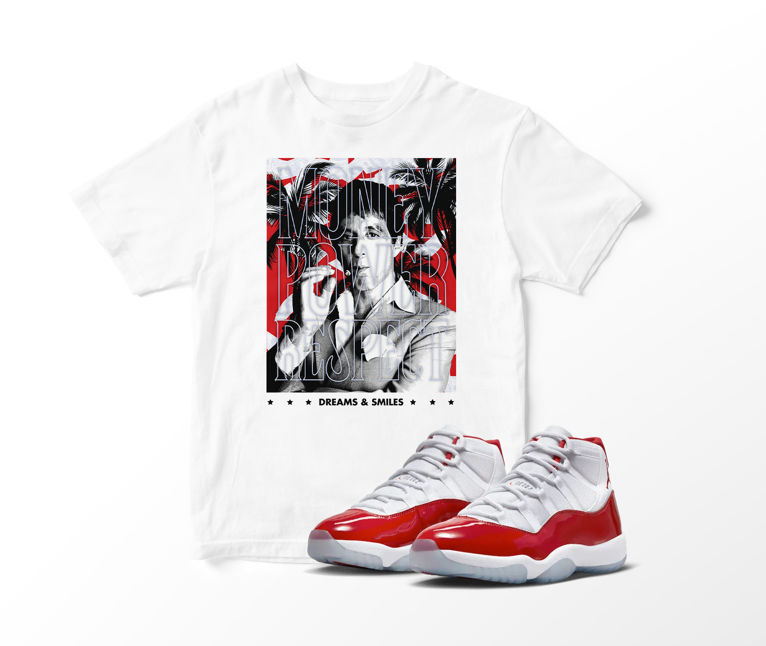'Money, Power, Respect' Custom Graphic Short Sleeve T-Shirt To Match Air Jordan 11 Cherry Red