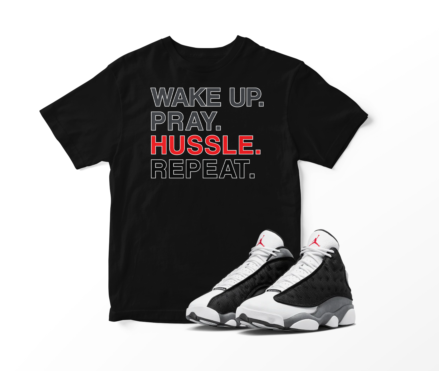 ‘Wake, Pray, & Hussle’ Custom Graphic Short Sleeve T-Shirt To Match Air Jordan 13 Black Flint