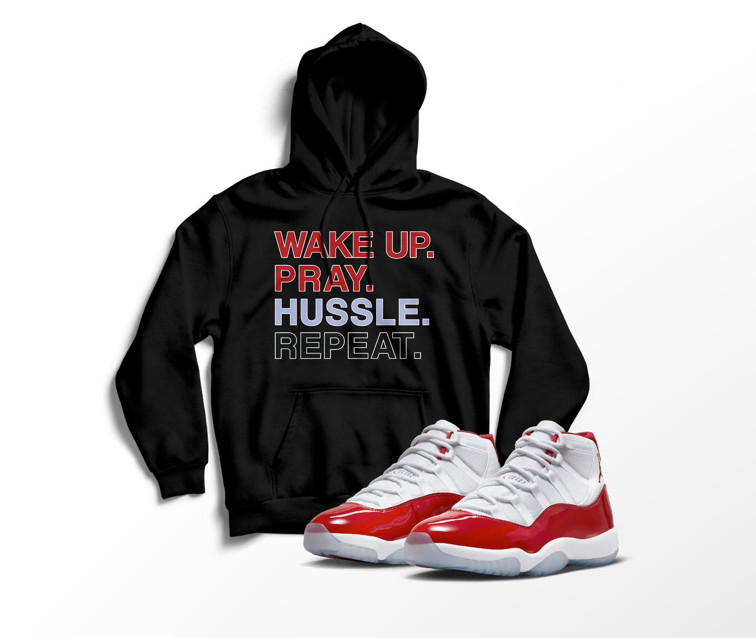 ‘Wake, Pray, & Hussle’ Custom Graphic Hoodie To Match Air Jordan 11 Cherry Red
