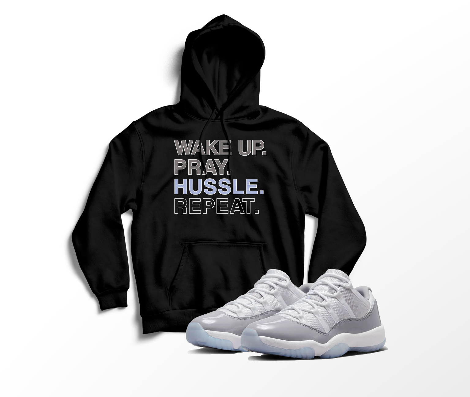 ‘Wake, Pray, & Hussle’ Custom Graphic Hoodie To Match Air Jordan 11 Low Cool Grey