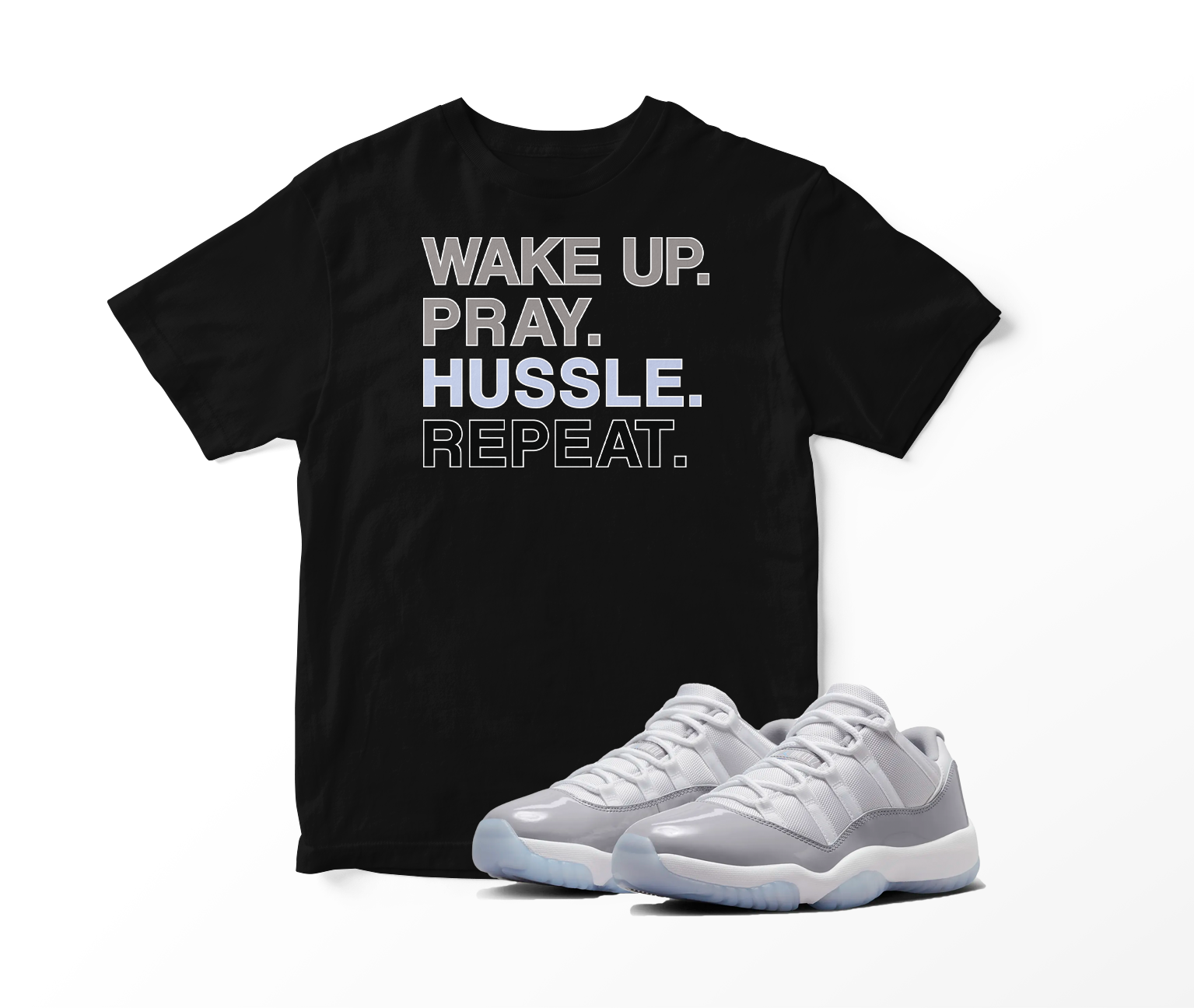 ‘Wake, Pray, & Hussle’ Custom Graphic Short Sleeve T-Shirt To Match Air Jordan 11 Low Cool Grey