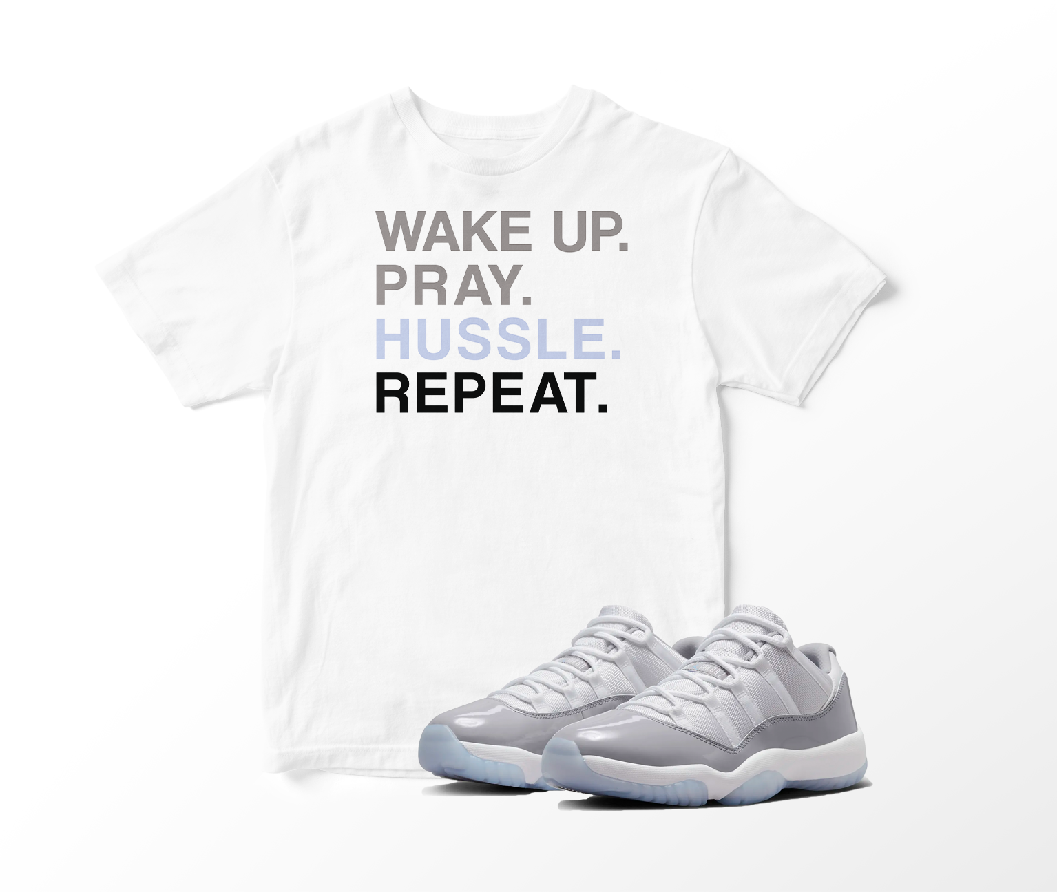 ‘Wake, Pray, & Hussle’ Custom Graphic Short Sleeve T-Shirt To Match Air Jordan 11 Low Cool Grey