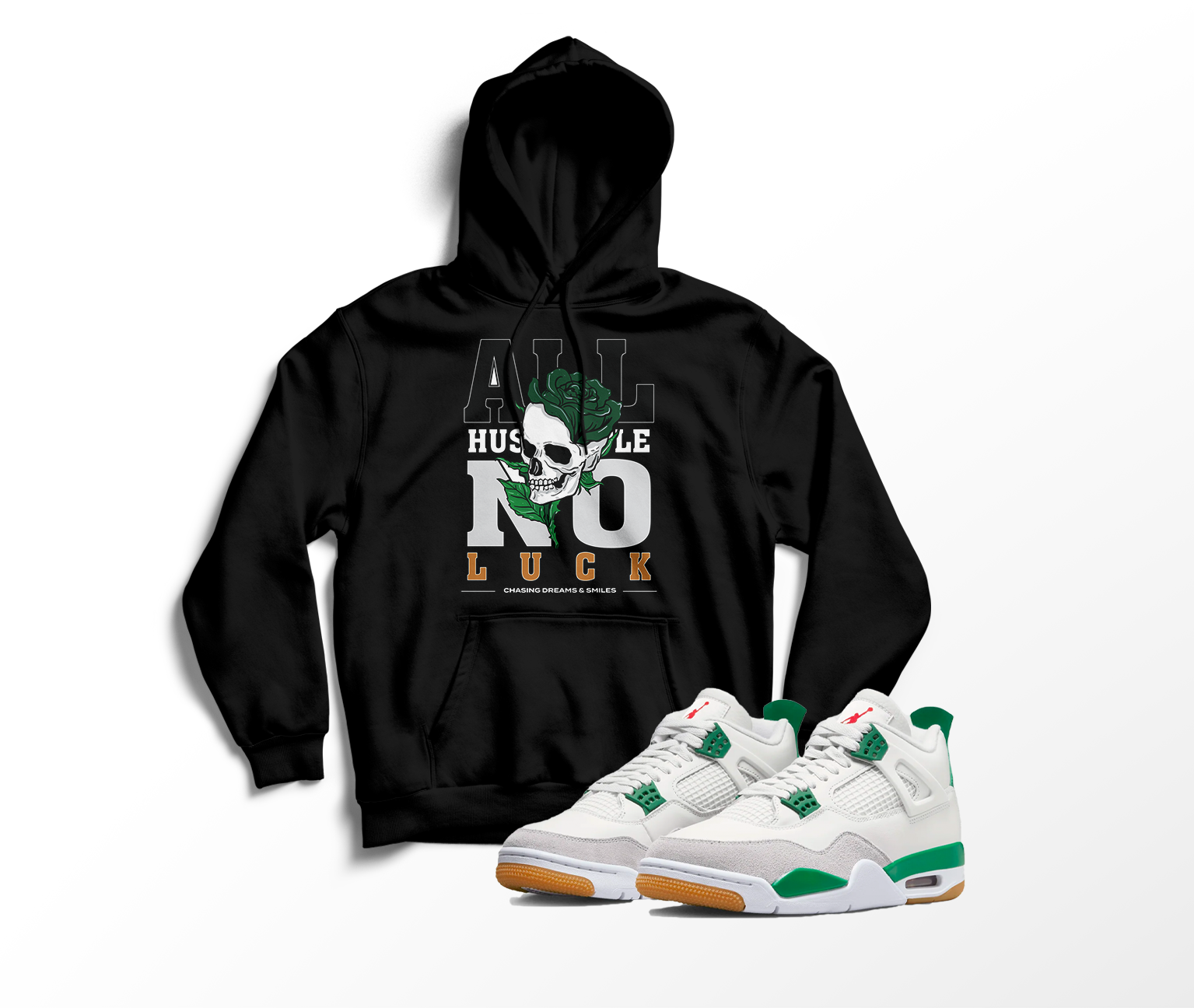 'All Hustle No Luck' Custom Graphic Hoodie To Match Air Jordan 4 Pine Green