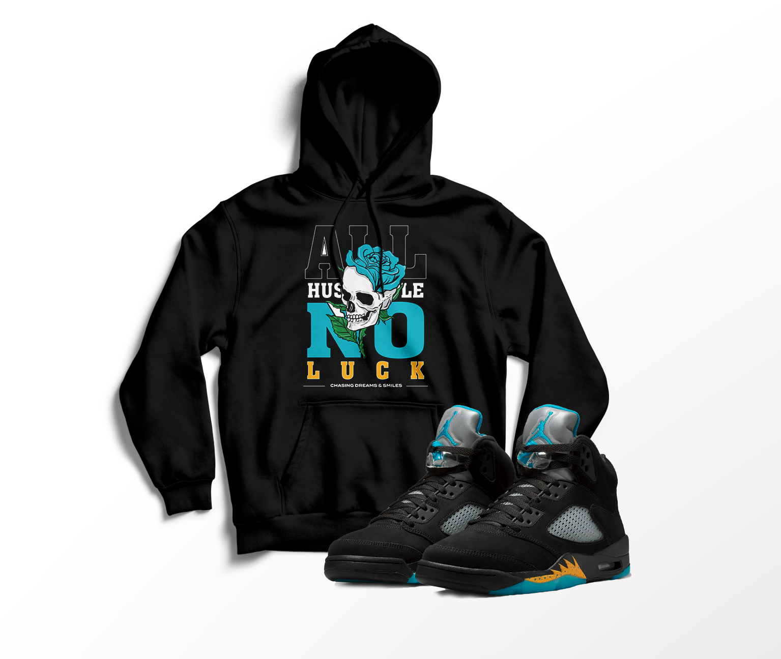 'All Hustle No Luck' Custom Graphic Hoodie To Match Air Jordan 5 Aqua