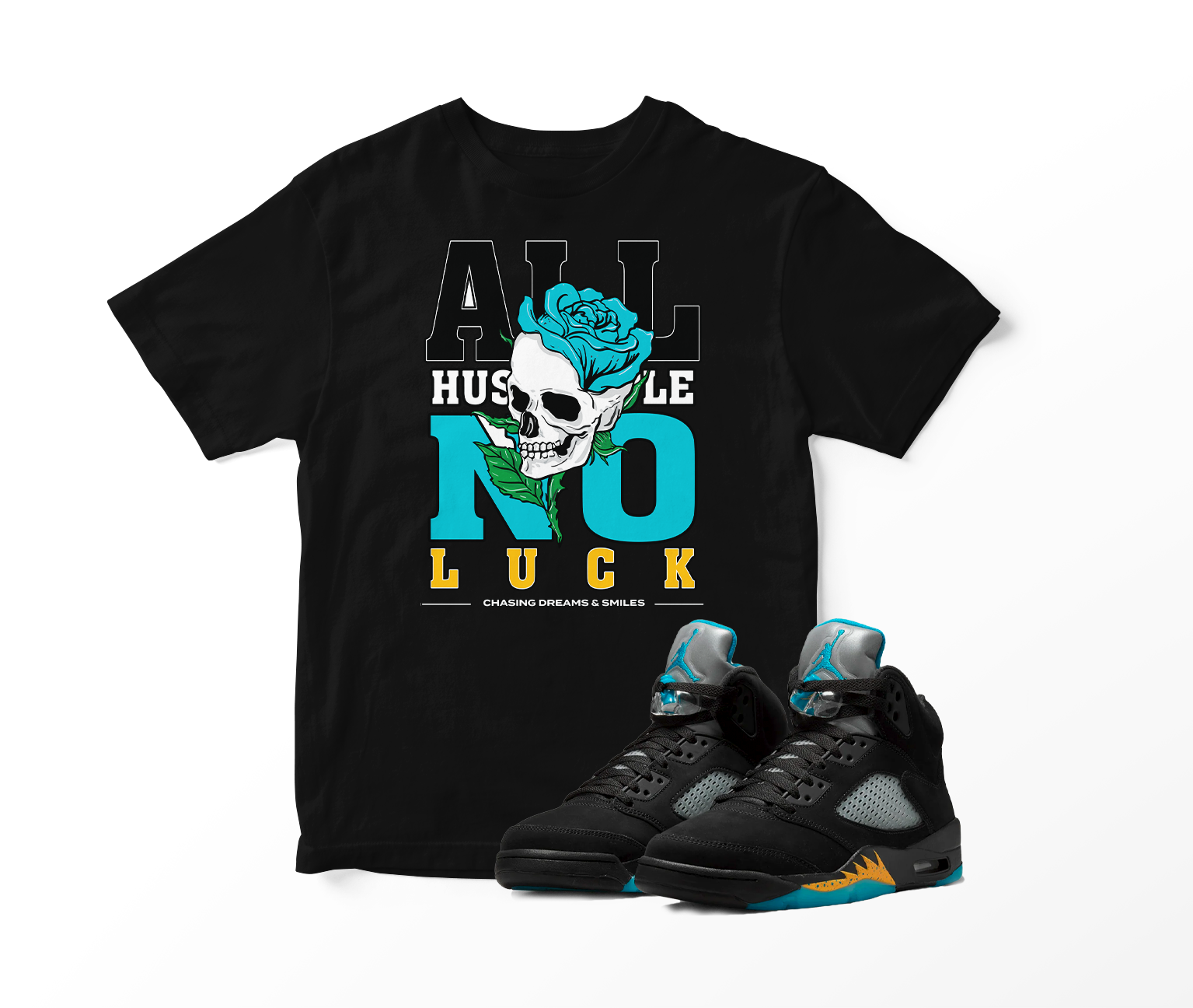 'All Hustle No Luck' Custom Graphic Short Sleeve T-Shirt To Match Air Jordan 5 Aqua