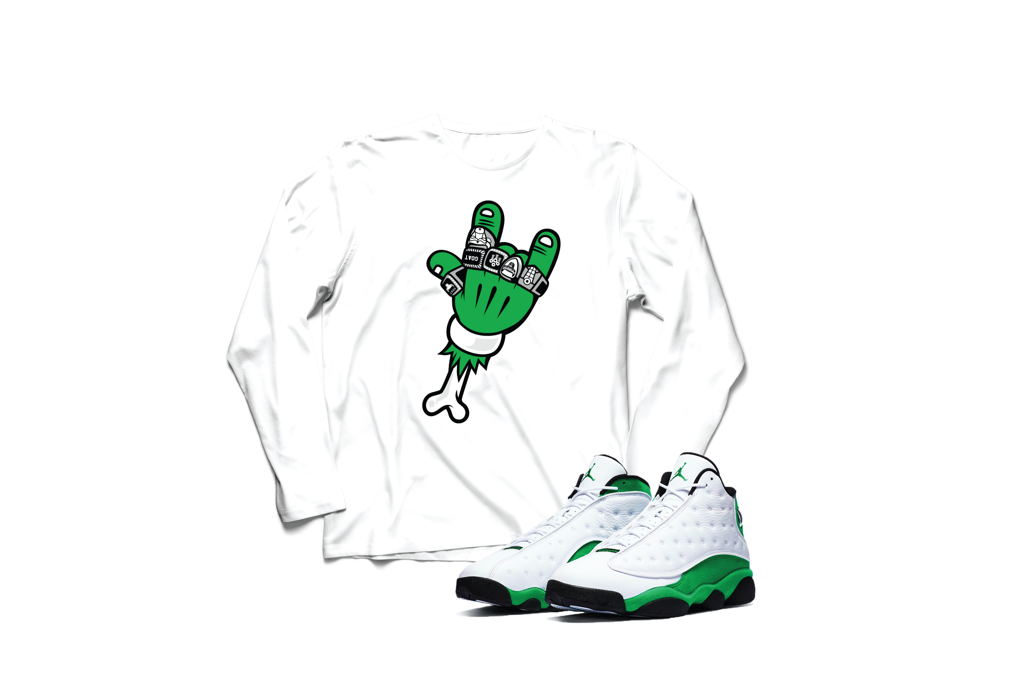 'Big Rings' Custom Graphic Long Sleeve Tee To Match  Air Jordan 13 Lucky Green
