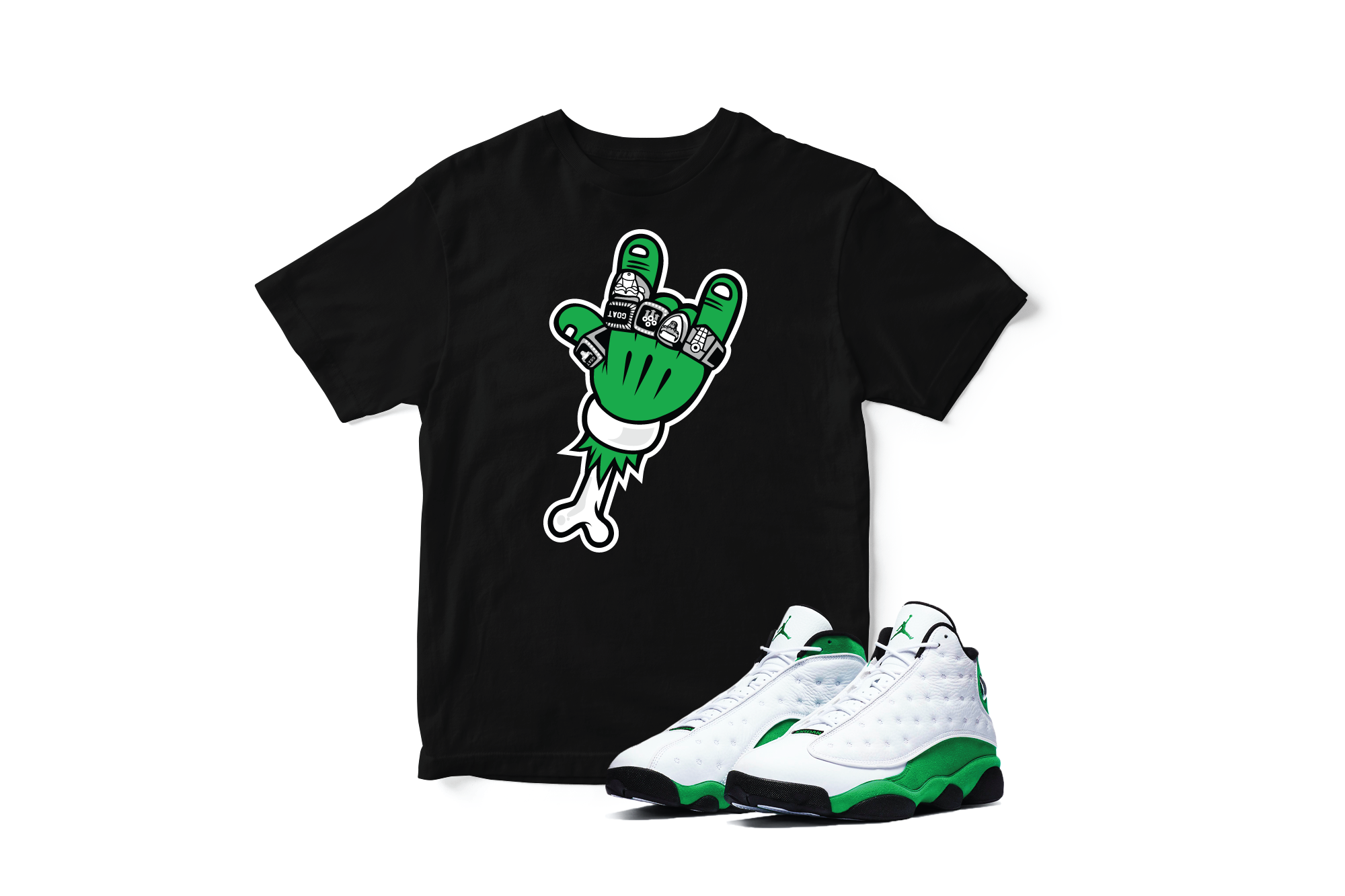 'Big Rings' Custom Graphic Short Sleeve T-Shirt To Match Air Jordan 13 Lucky Green