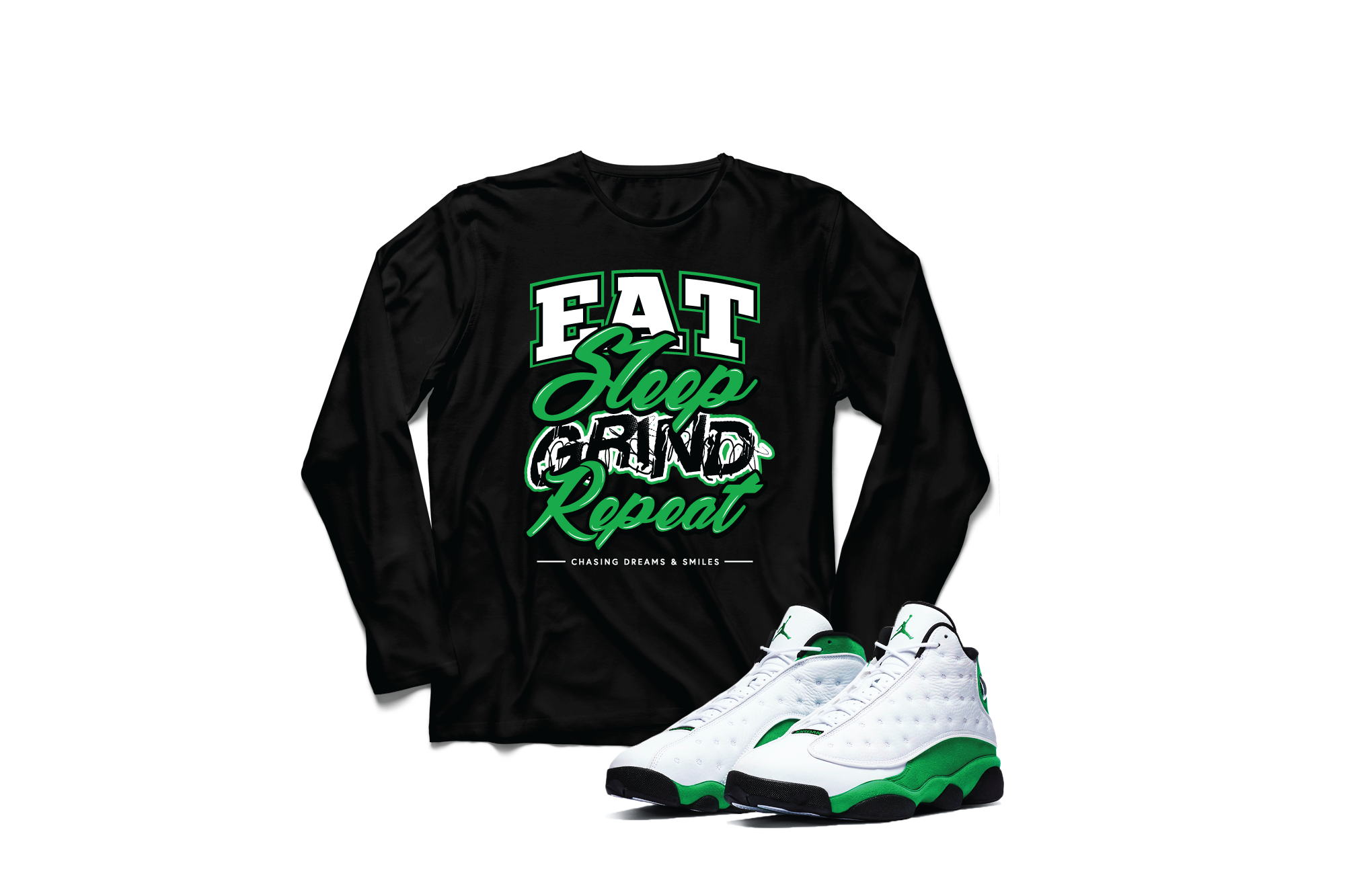 'Daily Grind' Custom Graphic Long Sleeve Tee To Match  Air Jordan 13 Lucky Green