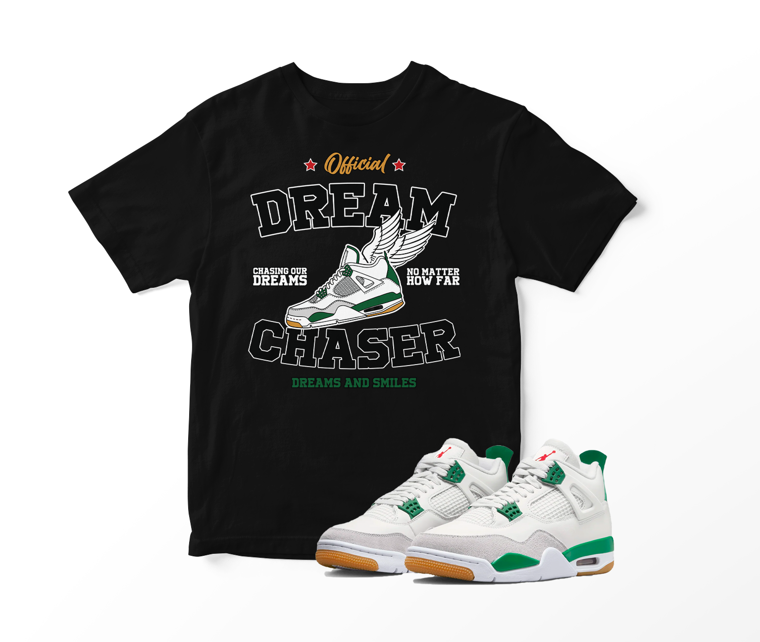 'Dream Chasers' Custom Graphic Short Sleeve T-Shirt To Match Air Jordan 4 Pine Green