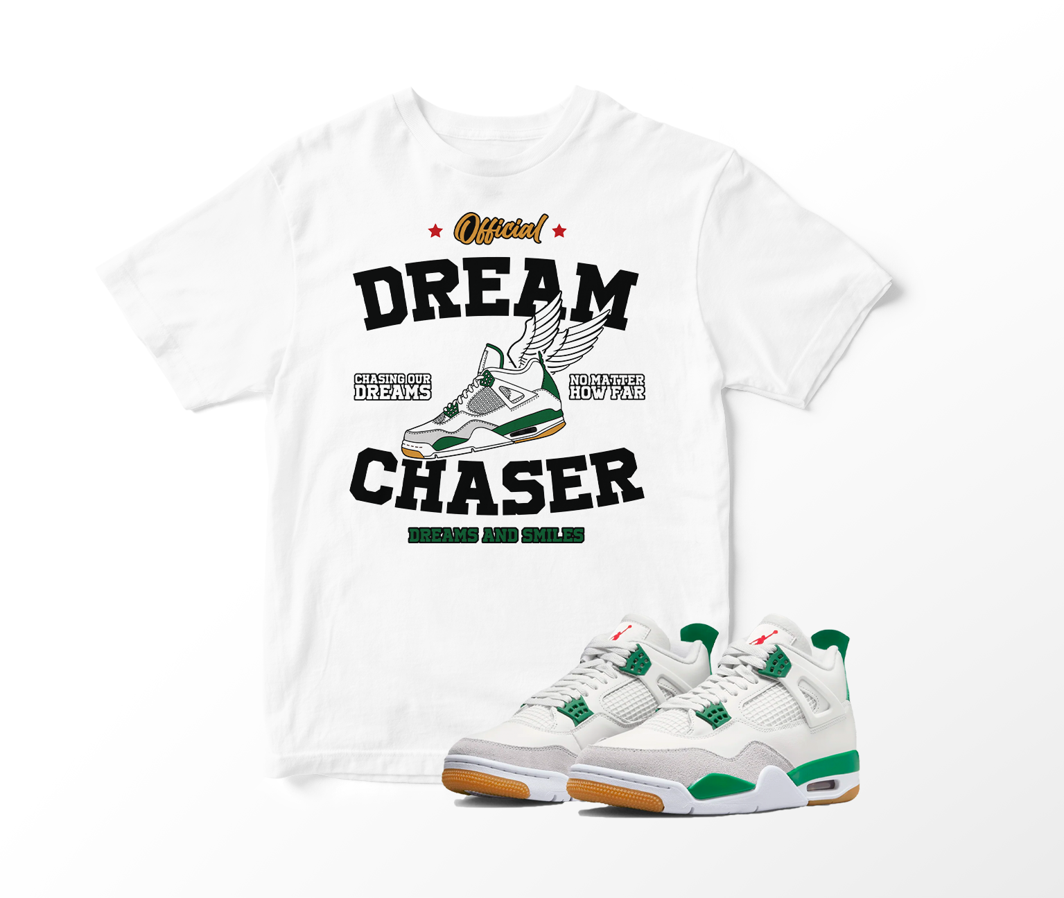 'Dream Chasers' Custom Graphic Short Sleeve T-Shirt To Match Air Jordan 4 Pine Green