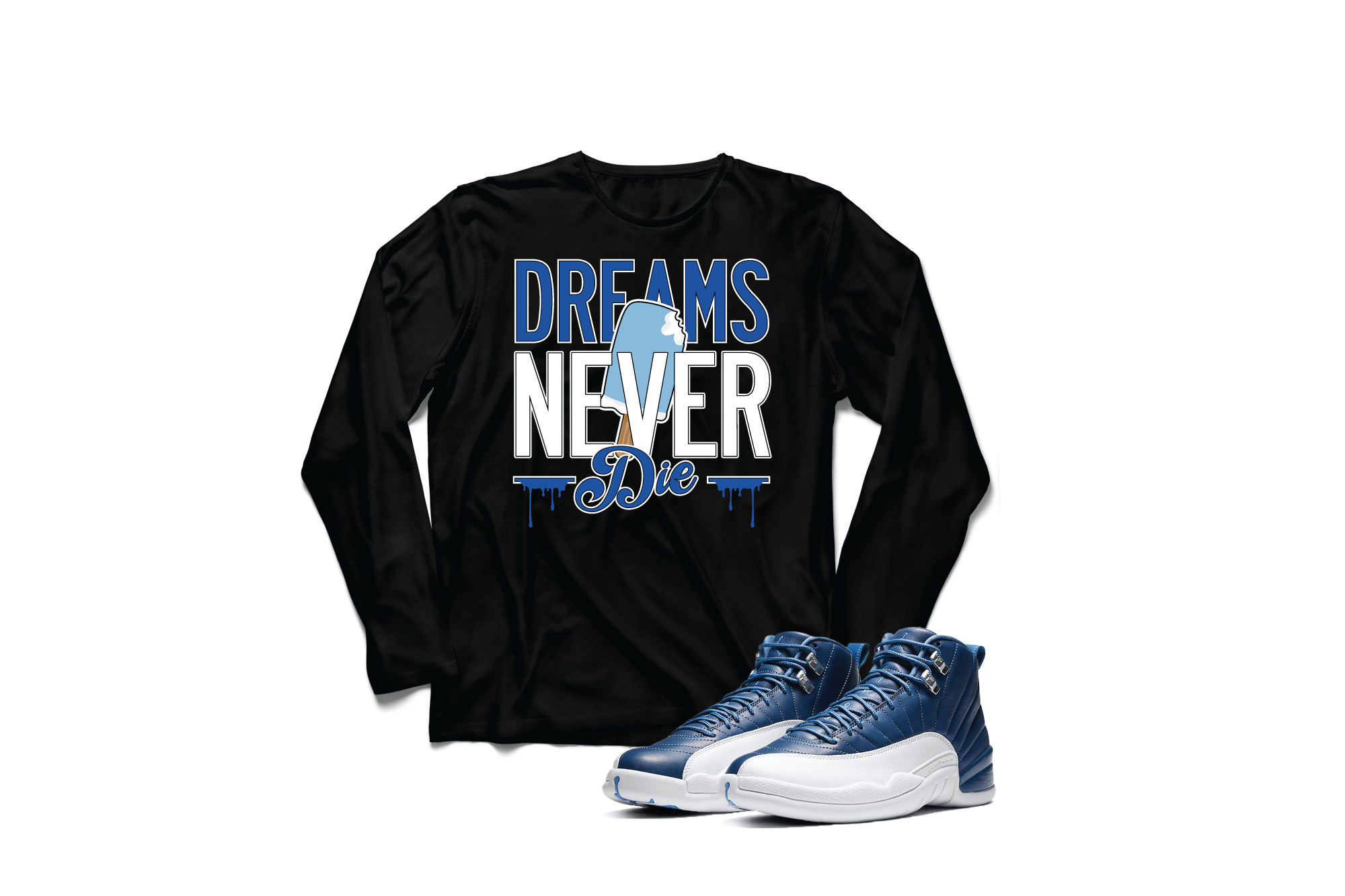'Dreams Never Die' Custom Graphic Long Sleeve Tee To Match Air Jordan 12 Indigo