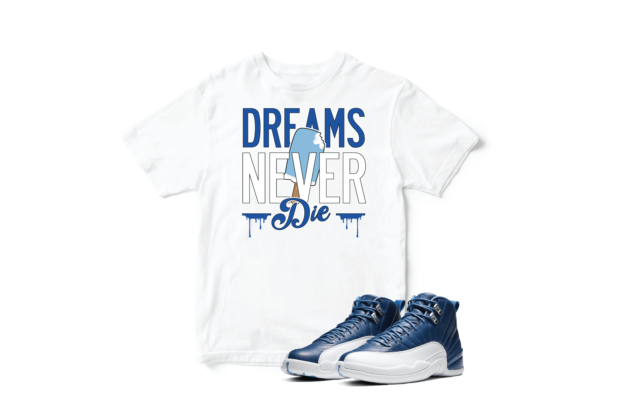 'Dreams Never Die' Custom Graphic Short Sleeve T-Shirt To Match Air Jordan 12 Indigo