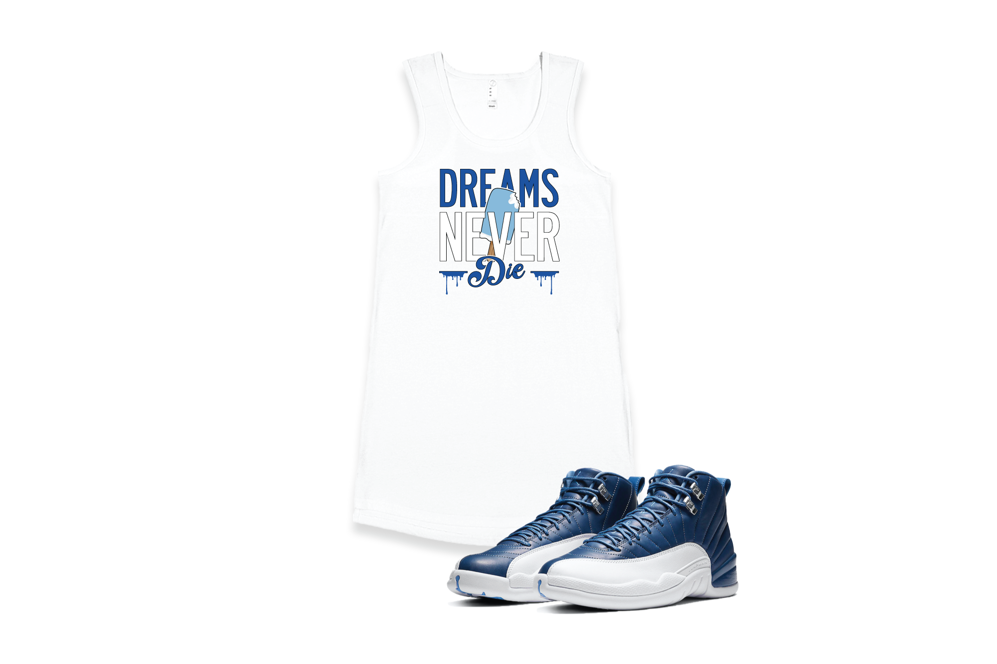 'Dreams Never Die' Custom Graphic Women's Tank Dress To Match Air Jordan 12 Indigo