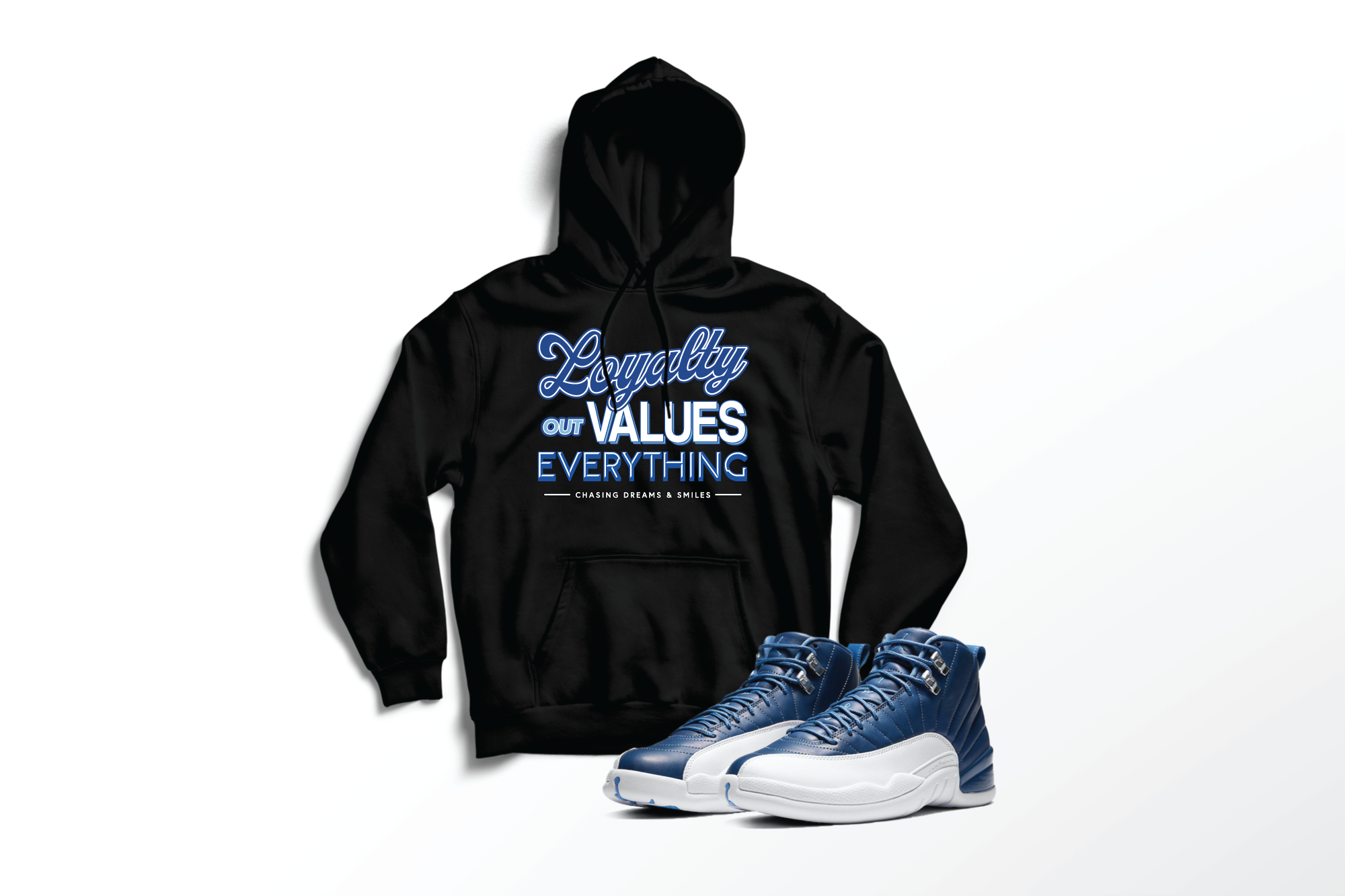 'Loyalty Out Values Everything' Custom Graphic Hoodie To Match Air Jordan 12 Indigo