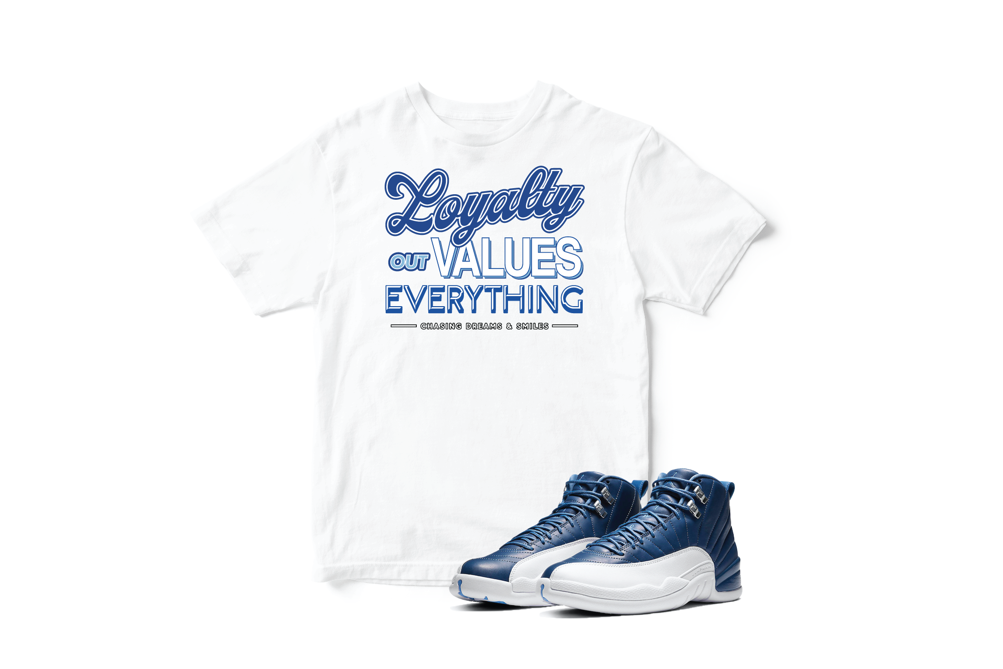'Loyalty Out Values Everything' Custom Graphic Short Sleeve T-Shirt To Match Air Jordan 12 Indigo