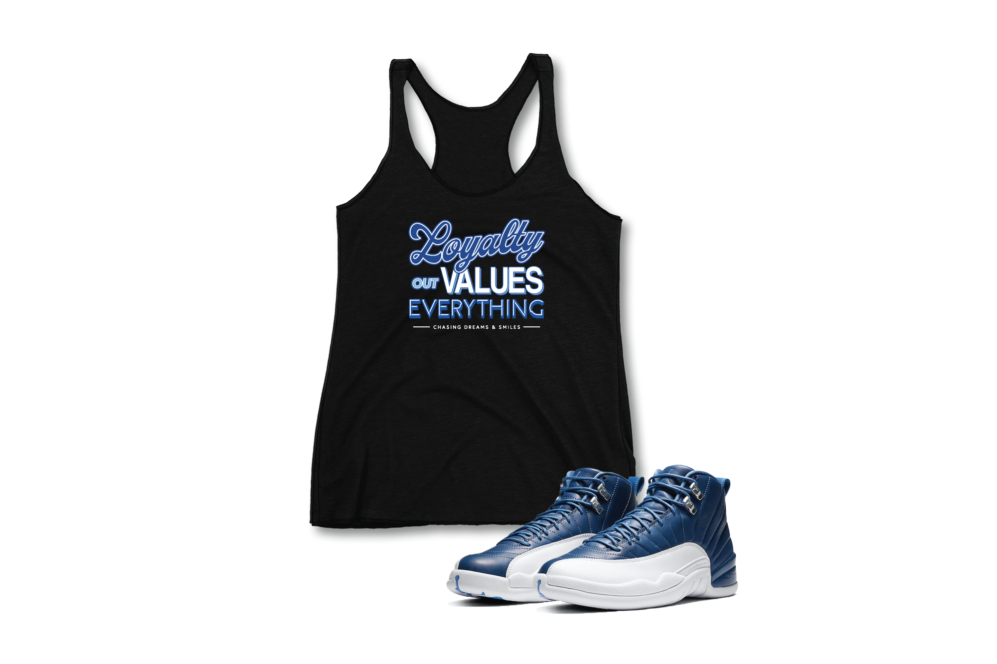 'Loyalty Out Values Everything' Custom Graphic Women's Racer Tank To Match Air Jordan 12 Indigo
