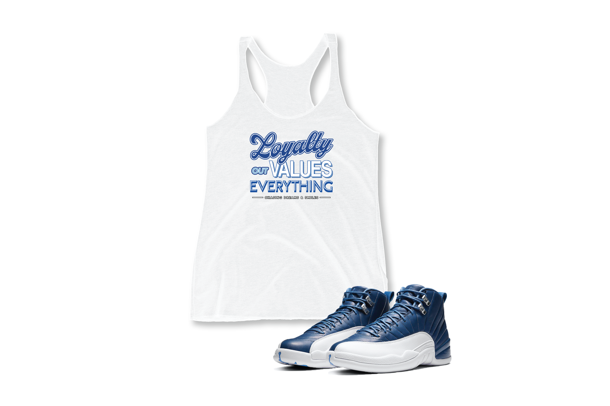 'Loyalty Out Values Everything' Custom Graphic Women's Racer Tank To Match Air Jordan 12 Indigo