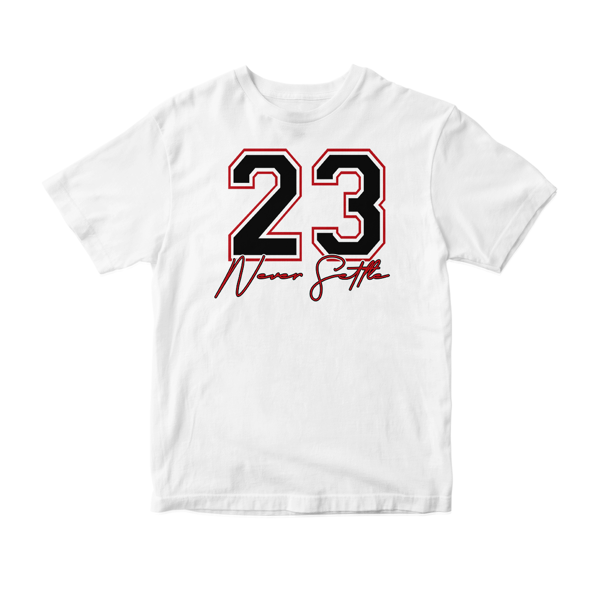 'Never Settle' in Bred 11 CW Short Sleeve Tee