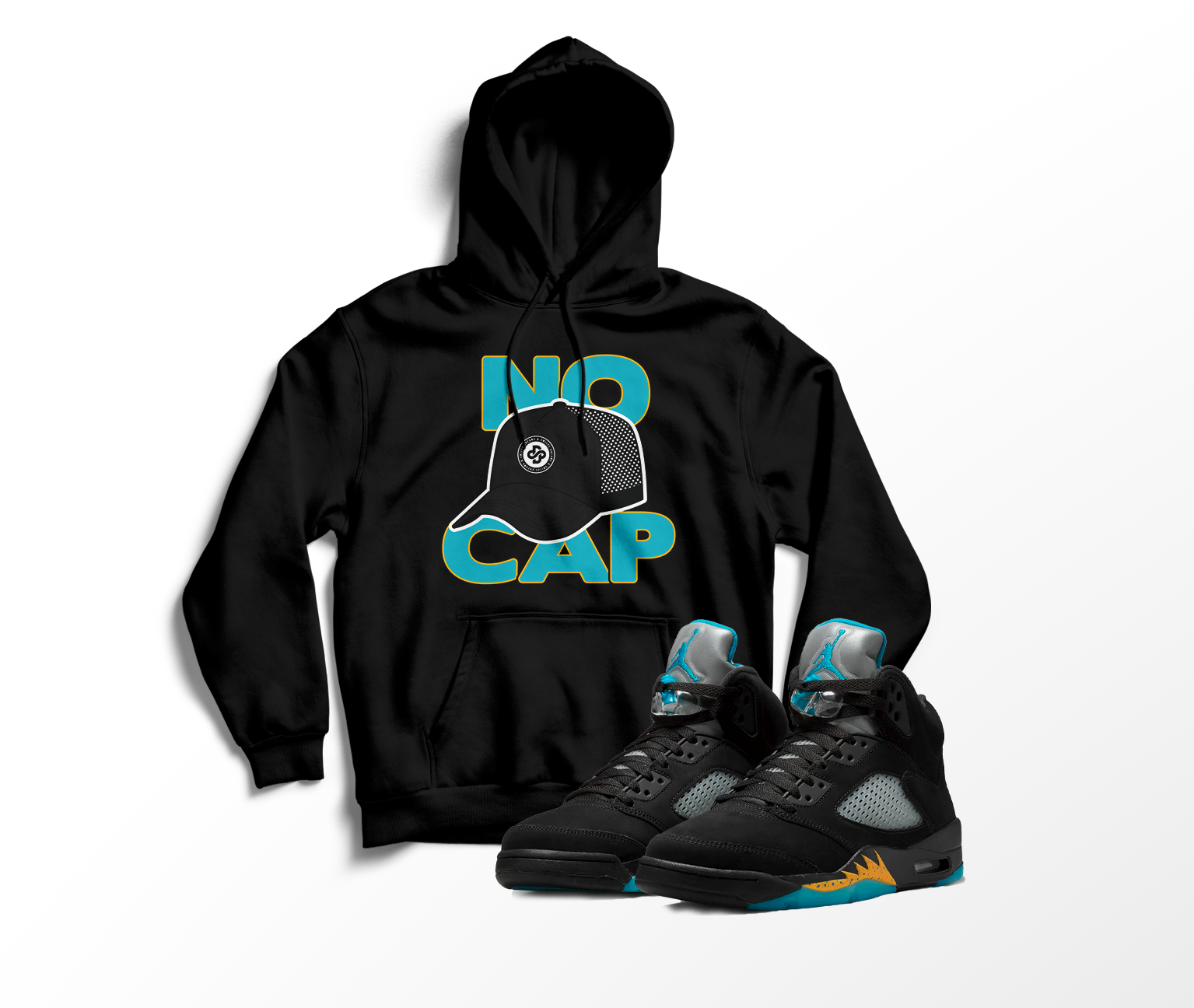 ‘No Cap’ Custom Graphic Hoodie To Match Air Jordan 5 Aqua