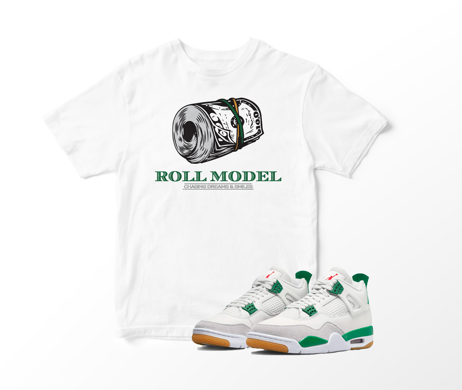 'Roll Model' Custom Graphic Short Sleeve T-Shirt To Match Air Jordan 4 Pine Green