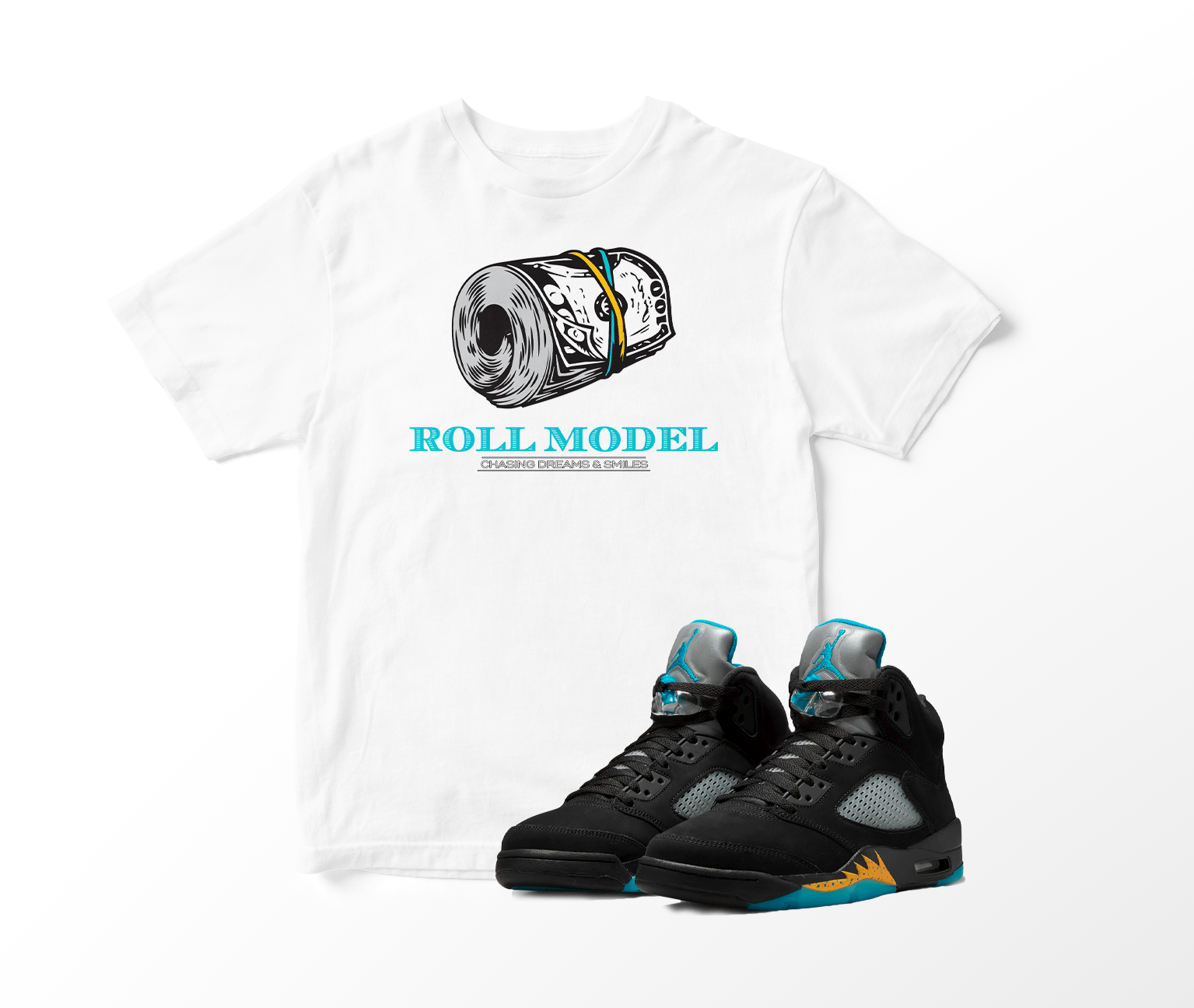 'Roll Model' Custom Graphic Short Sleeve T-Shirt To Match Air Jordan 5 Aqua