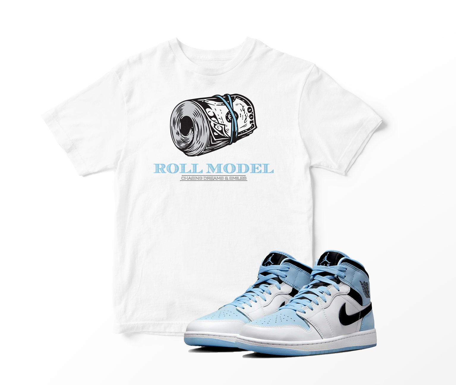 'Roll Model' Custom Graphic Short Sleeve T-Shirt To Match Air Jordan 1 White Ice