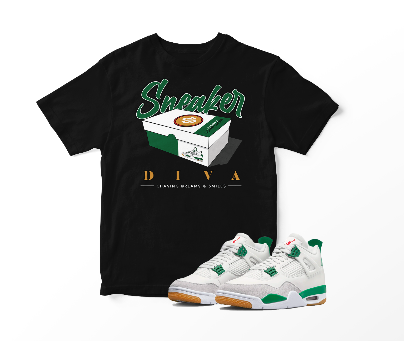 'Sneaker Diva' Custom Graphic Short Sleeve T-Shirt To Match Air Jordan 4 Pine Green
